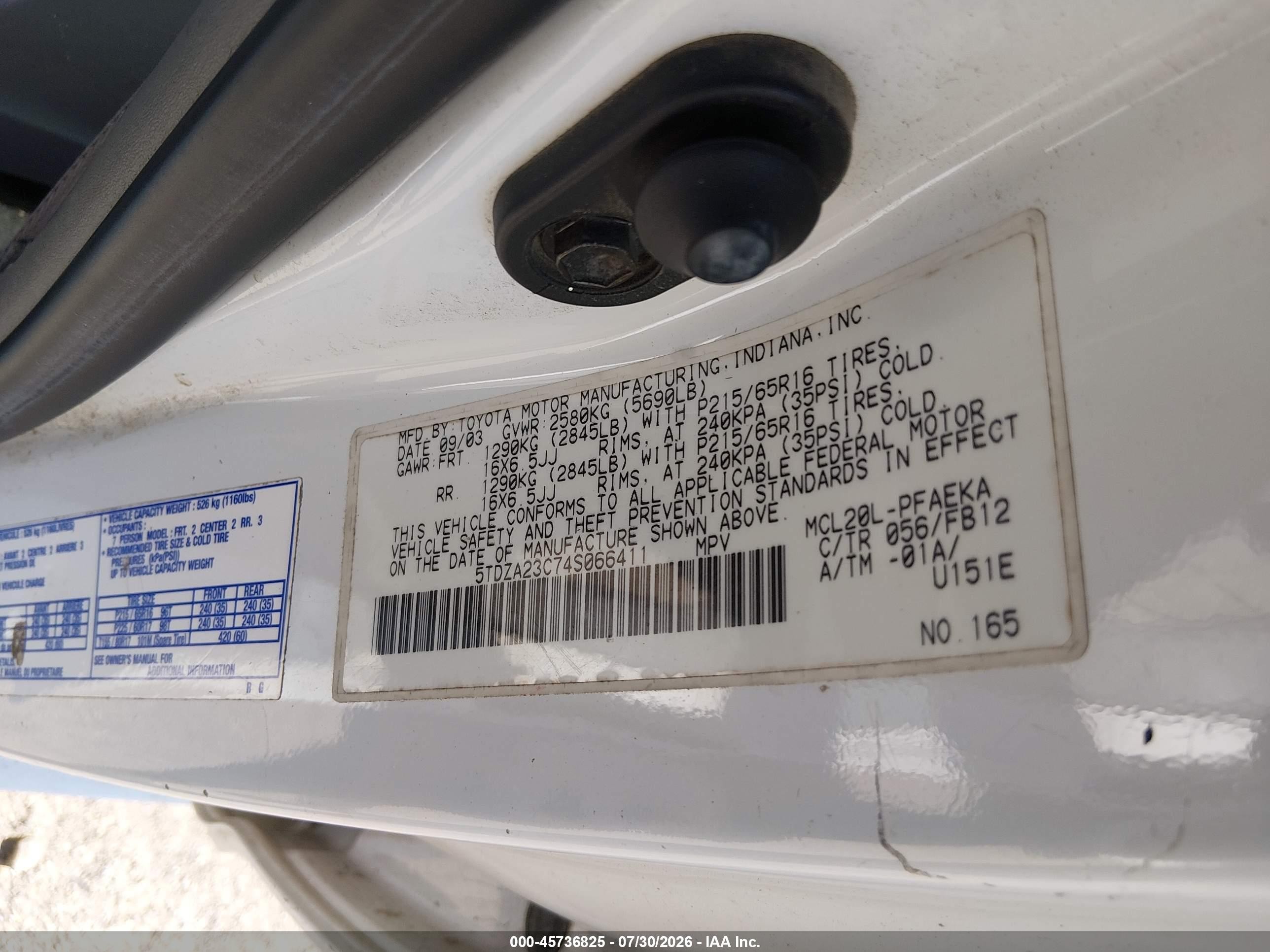 2004 Toyota Sienna Le Белый vin: 5TDZA23C74S066411