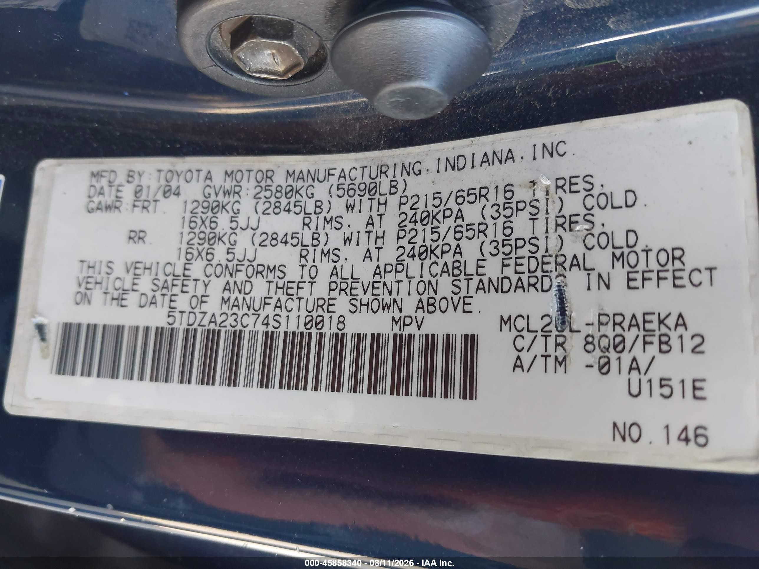 2004 Toyota Sienna Le Blue vin: 5TDZA23C74S110018