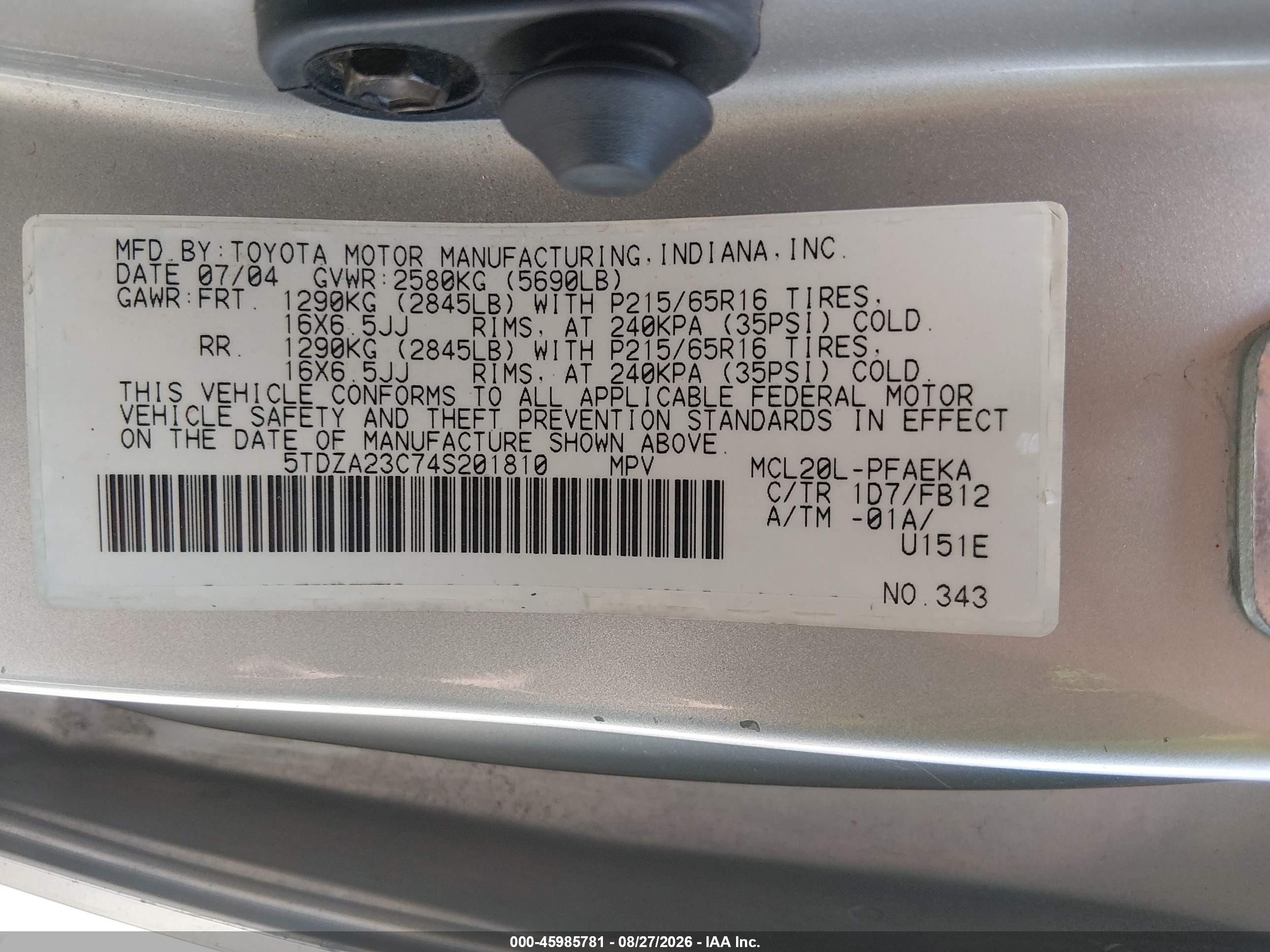2004 Toyota Sienna Le Silver vin: 5TDZA23C74S201810