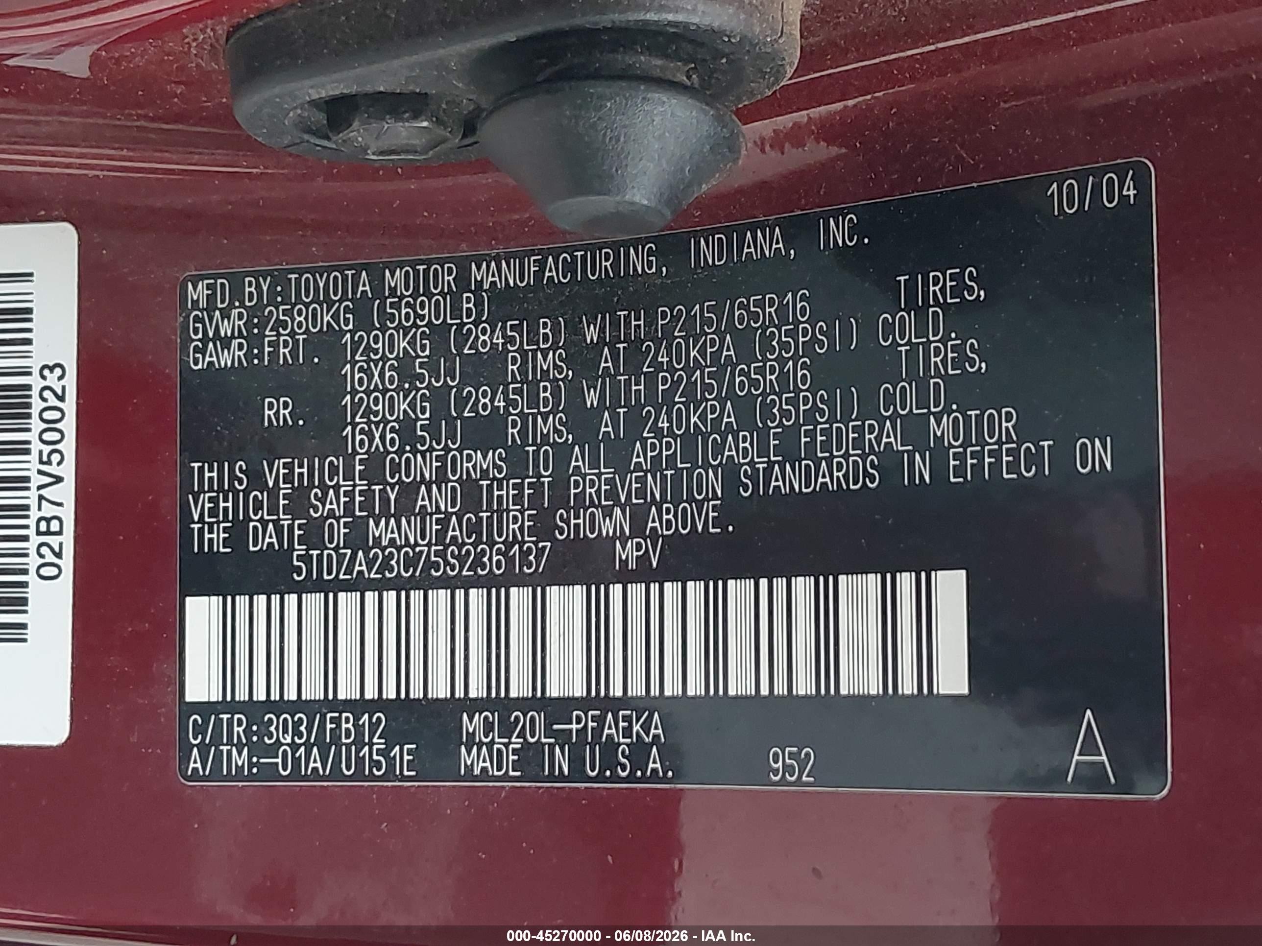 2005 Toyota Sienna Le Red vin: 5TDZA23C75S236137