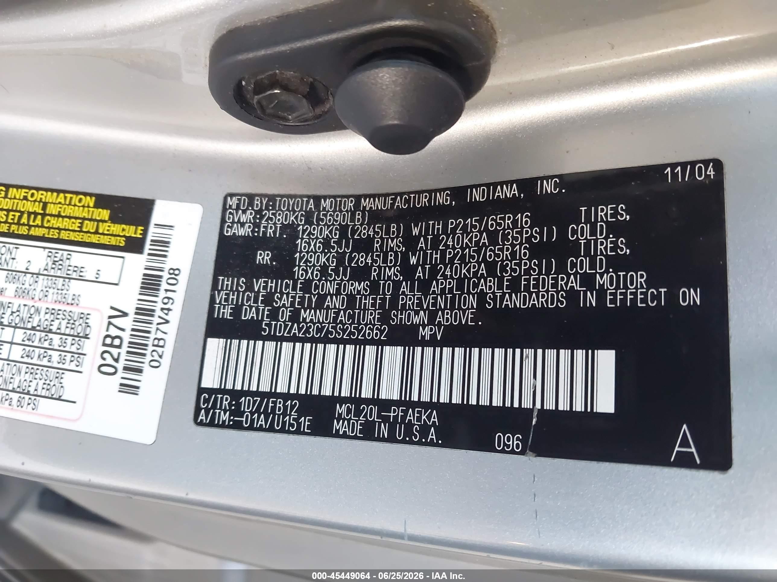 2005 Toyota Sienna Le Silver vin: 5TDZA23C75S252662