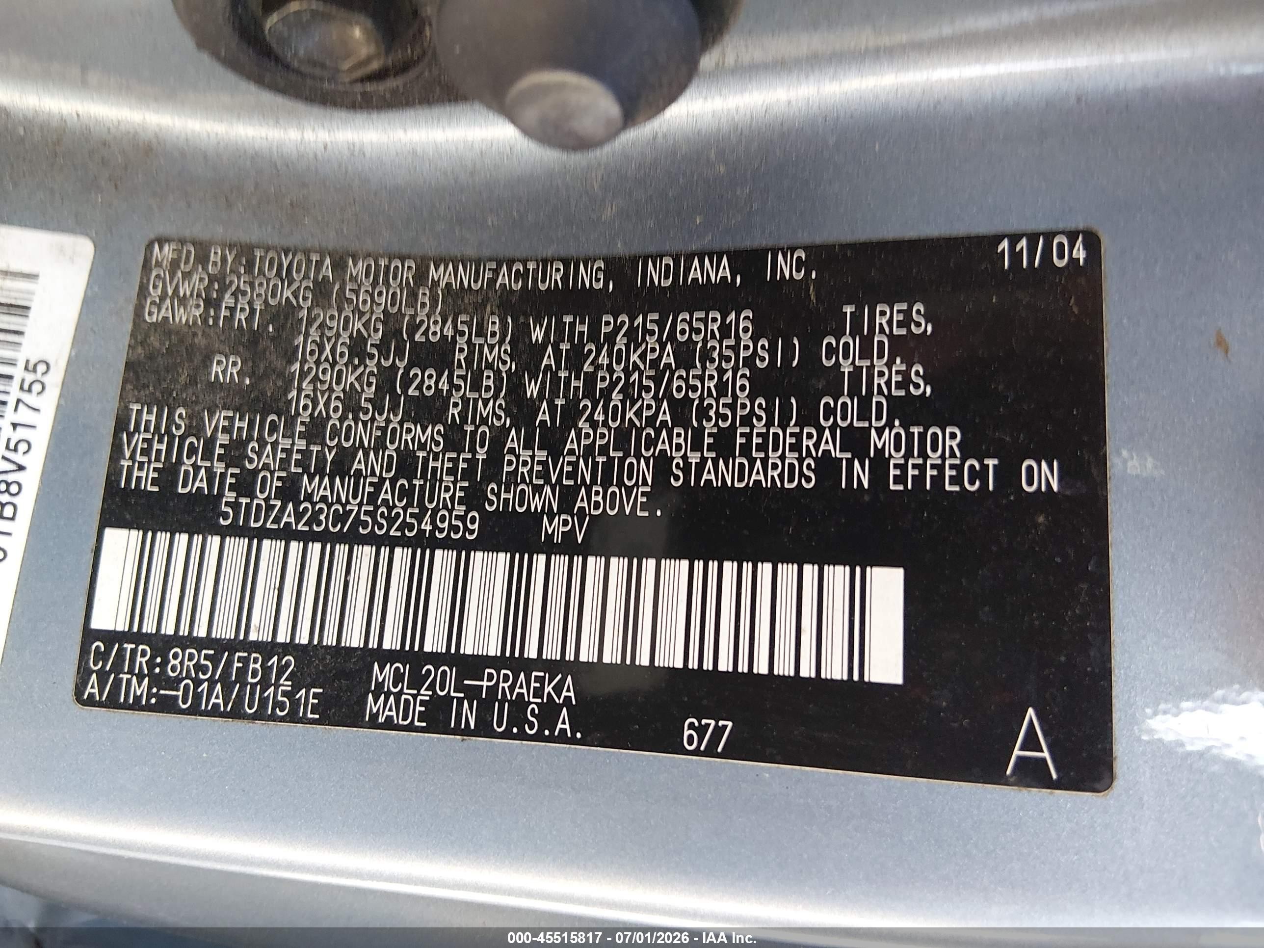 2005 Toyota Sienna Le Синий vin: 5TDZA23C75S254959