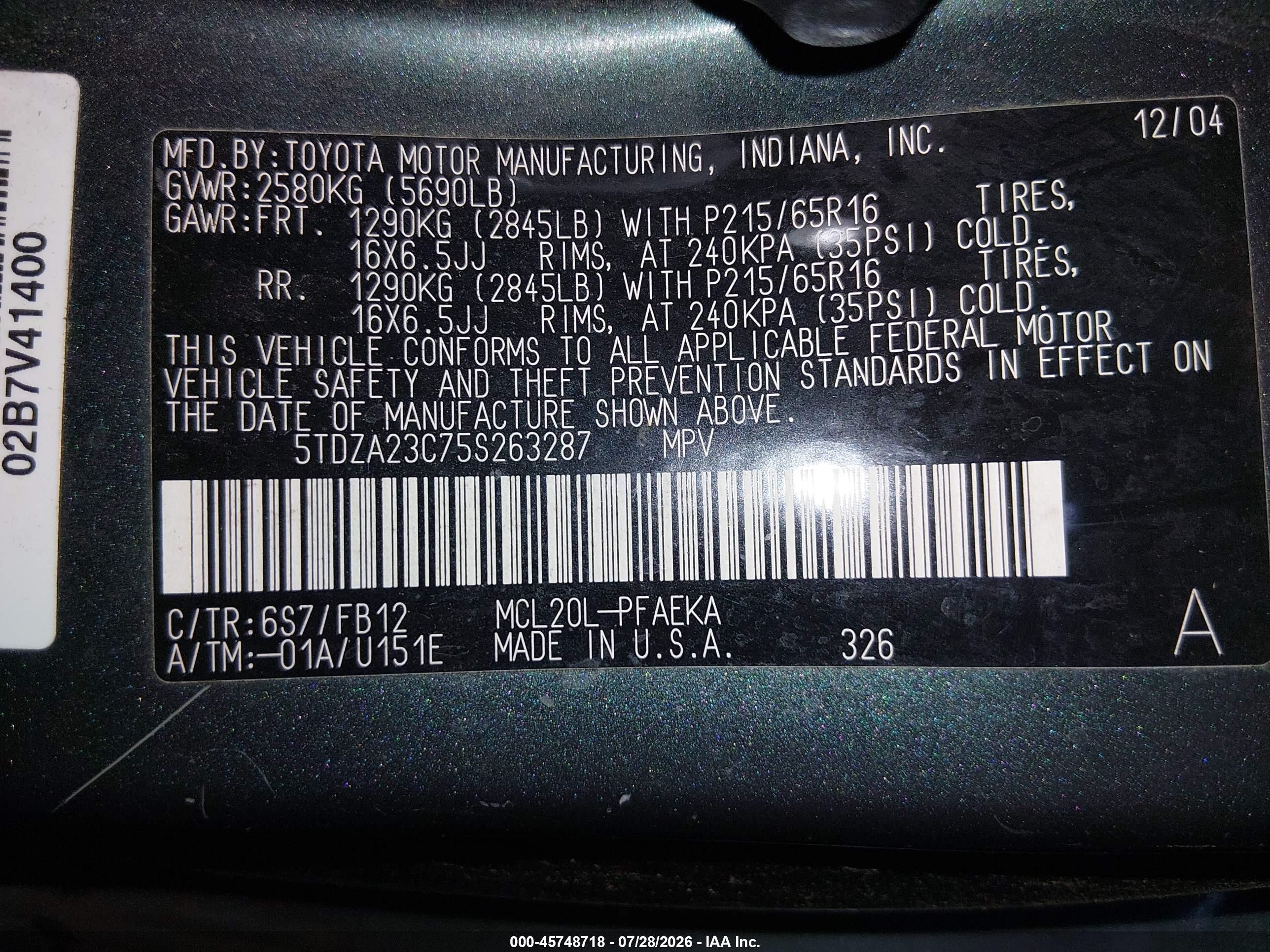 2005 Toyota Sienna Le Green vin: 5TDZA23C75S263287