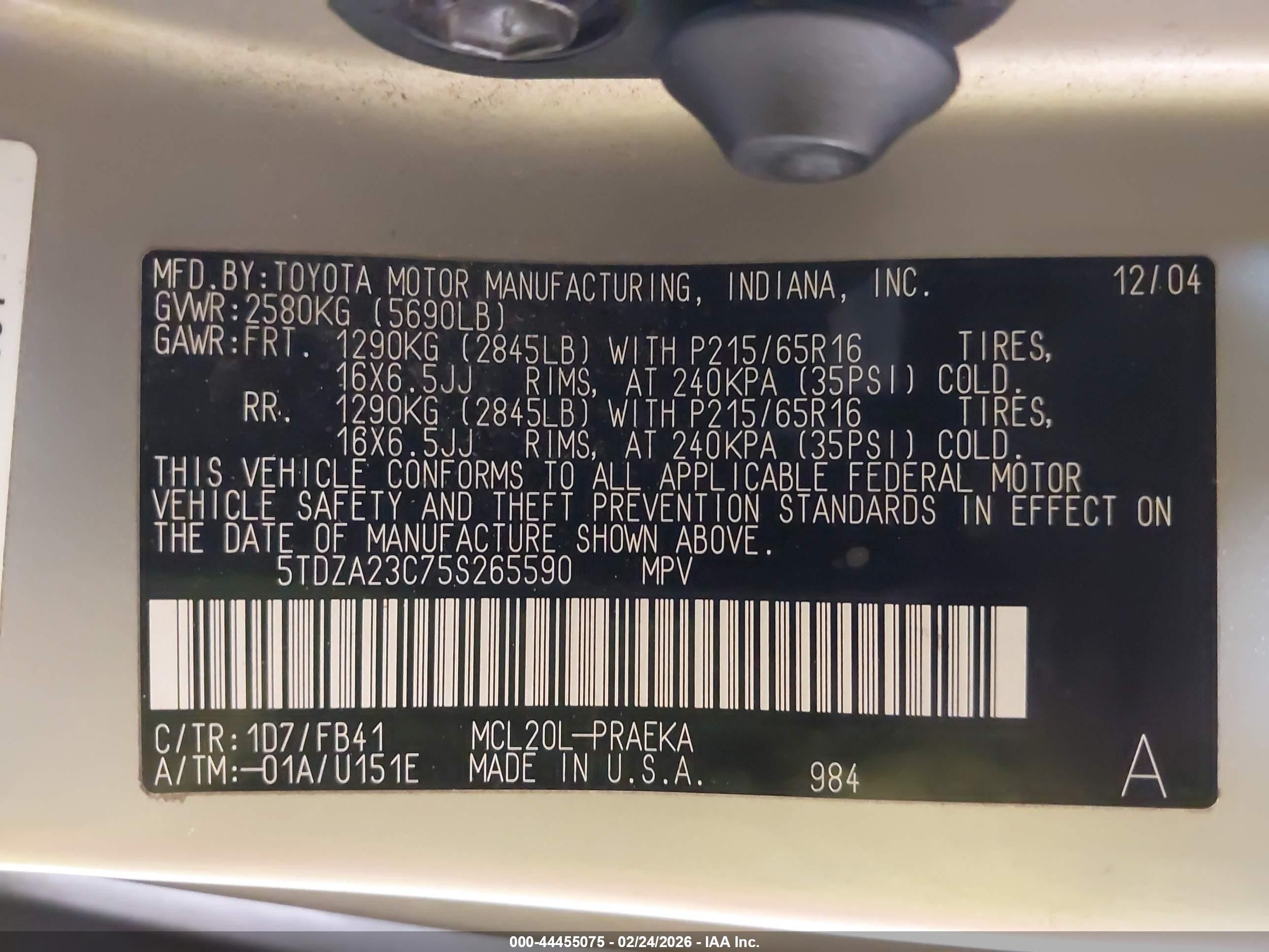 2005 Toyota Sienna Le Серебряный vin: 5TDZA23C75S265590