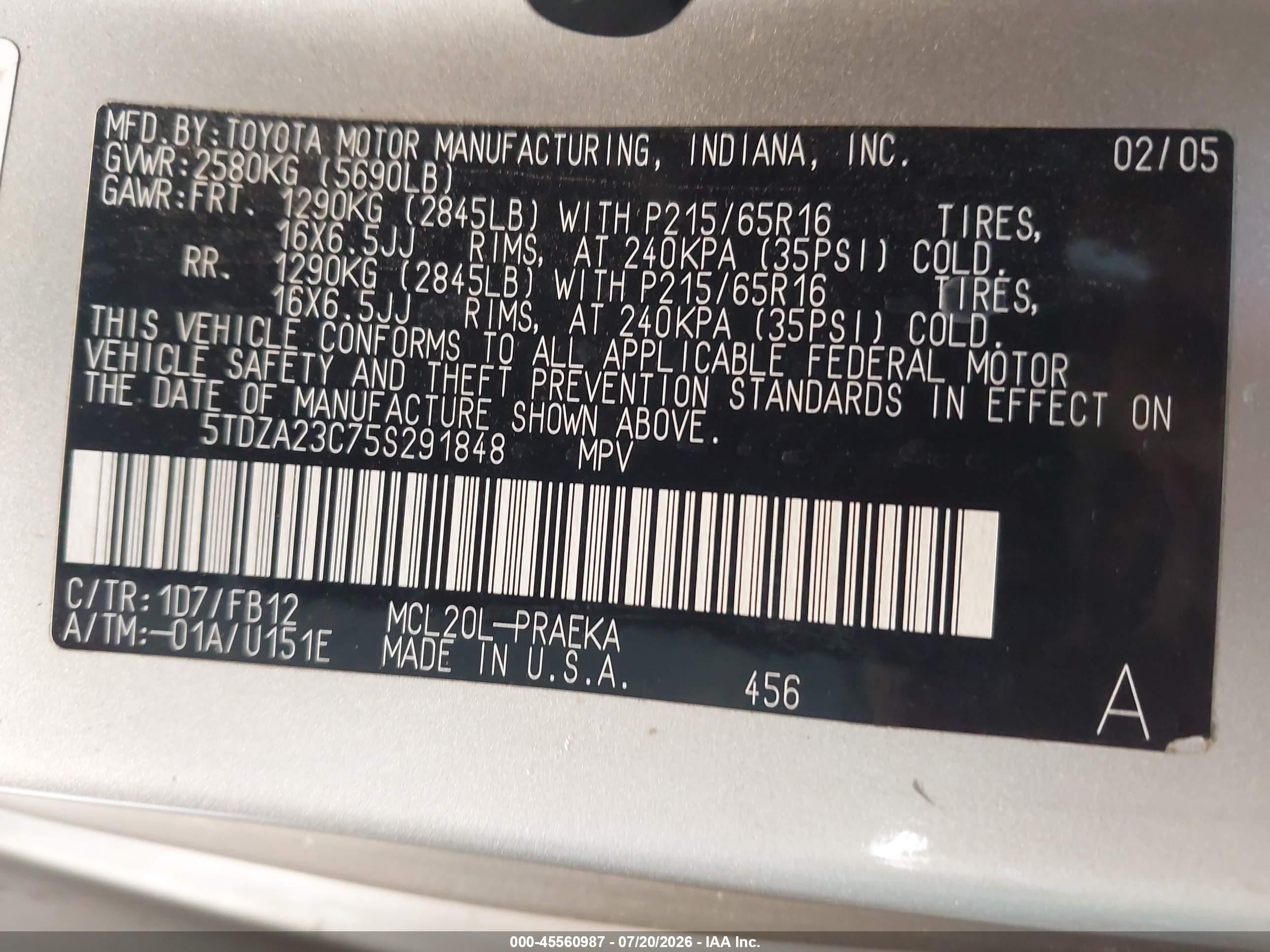 2005 Toyota Sienna Le Champagne vin: 5TDZA23C75S291848