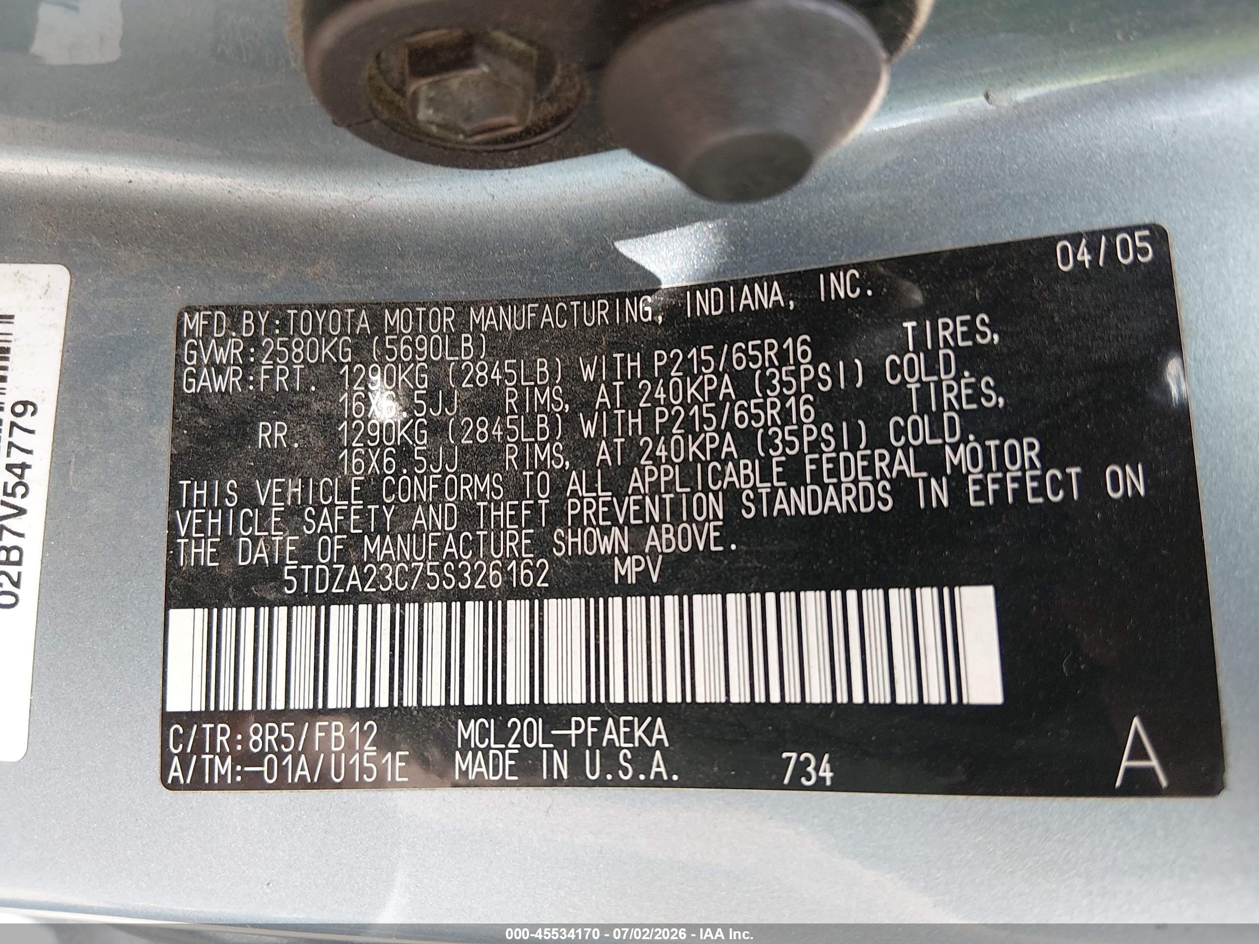 2005 Toyota Sienna Le Light Blue vin: 5TDZA23C75S326162