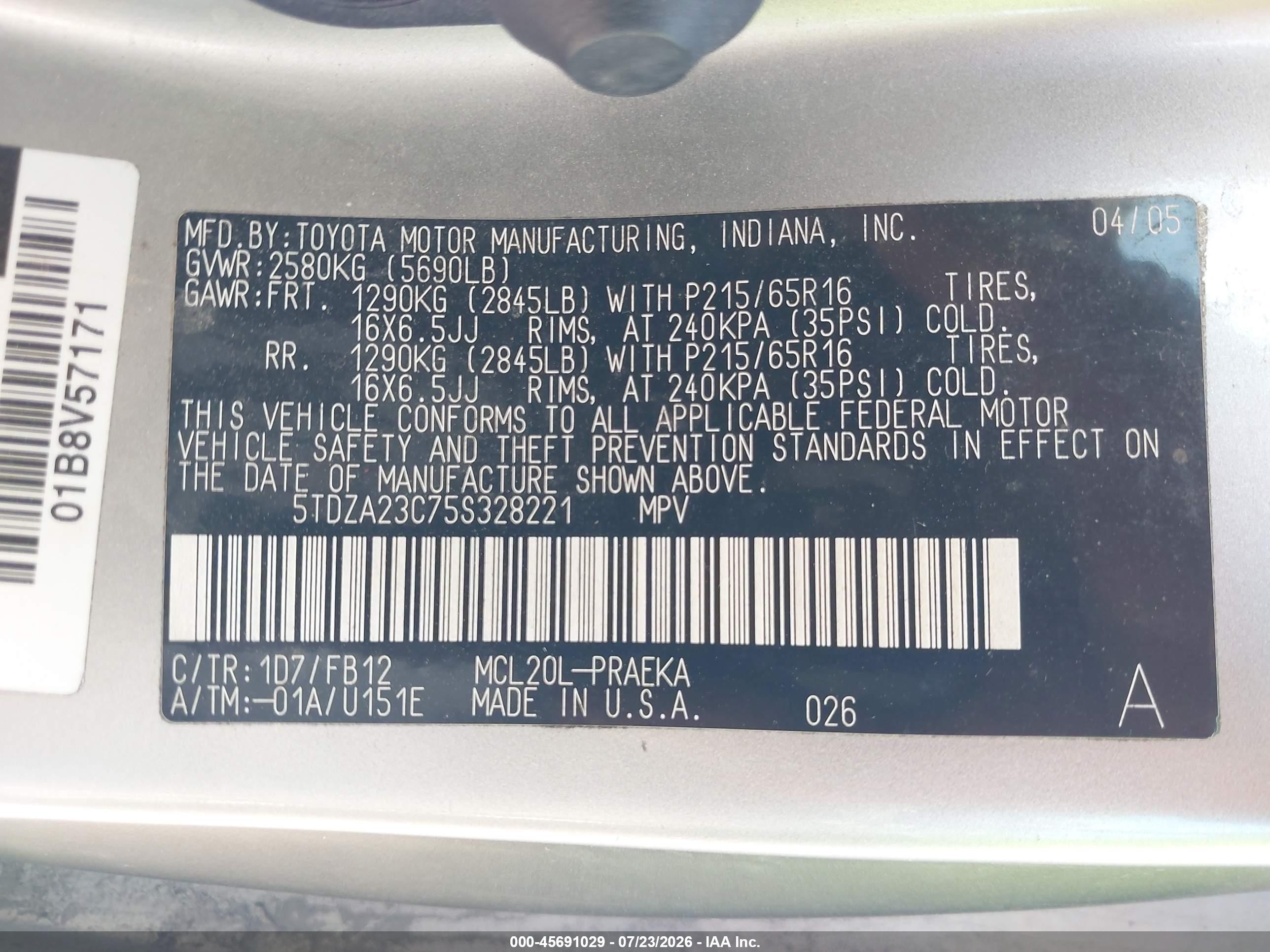 2005 Toyota Sienna Le Silver vin: 5TDZA23C75S328221
