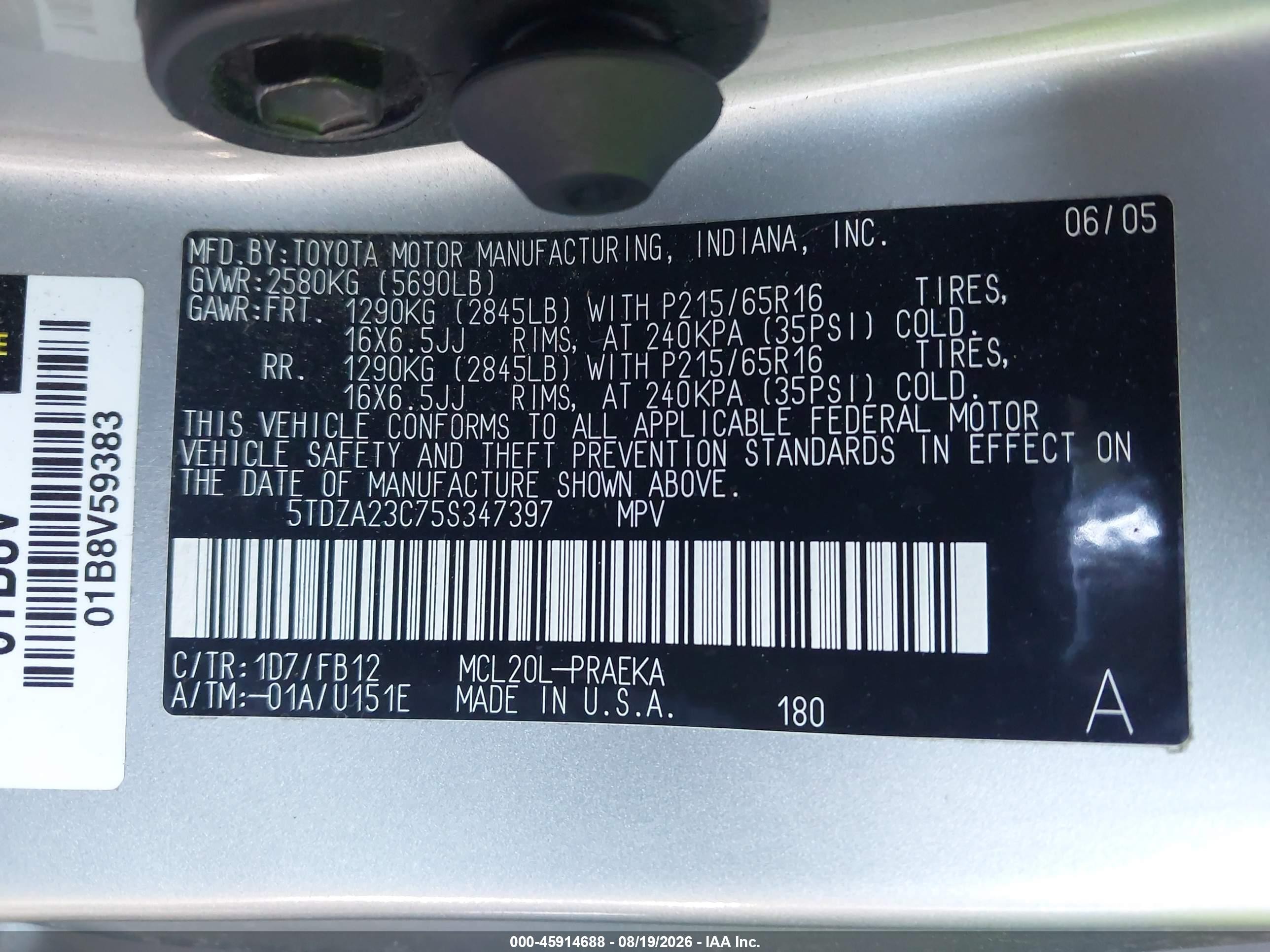 2005 Toyota Sienna Le Gray vin: 5TDZA23C75S347397