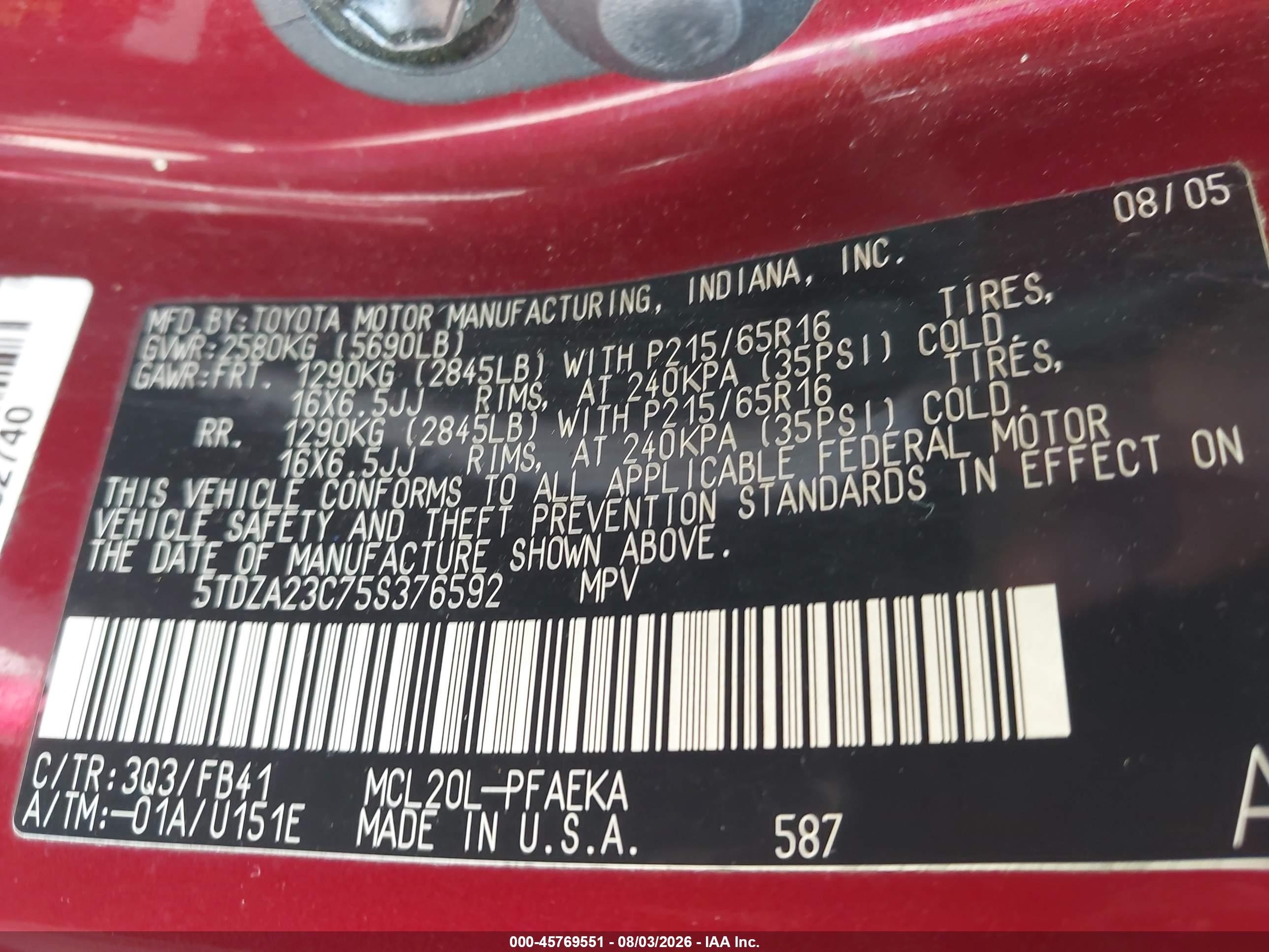 2005 Toyota Sienna Le Red vin: 5TDZA23C75S376592