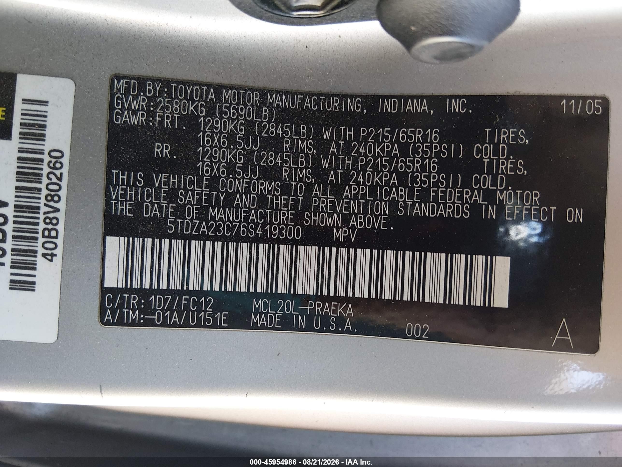 2006 Toyota Sienna Le Silver vin: 5TDZA23C76S419300