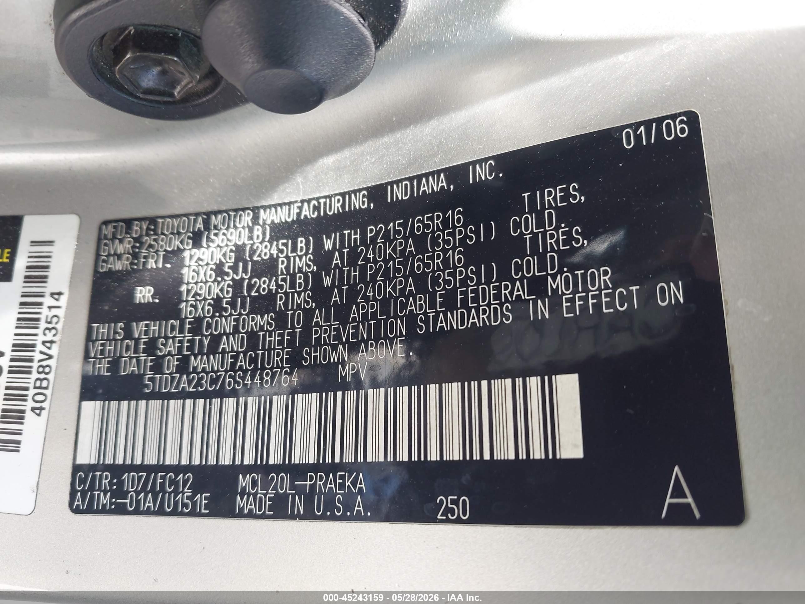 2006 Toyota Sienna Le Silver vin: 5TDZA23C76S448764