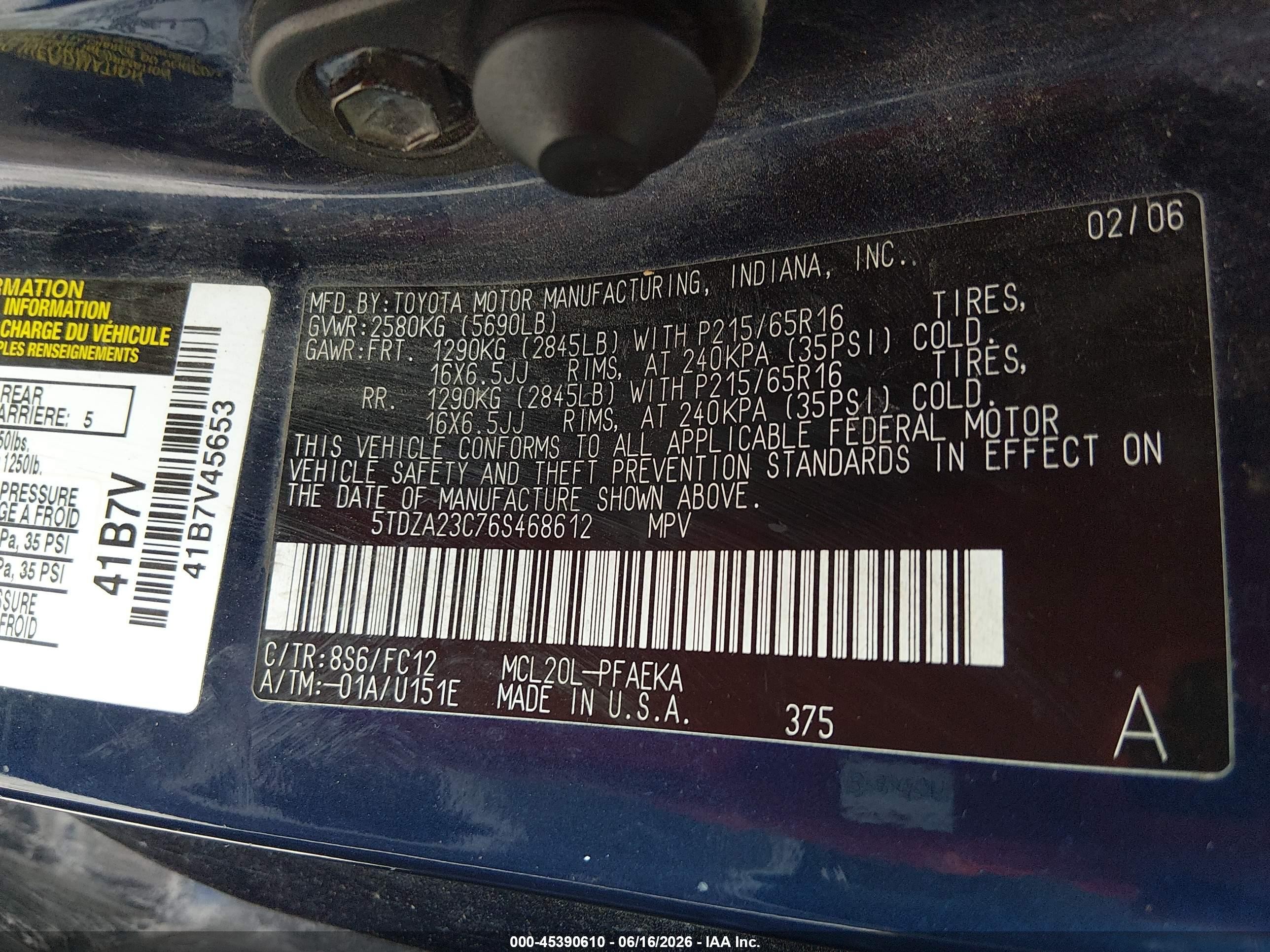 2006 Toyota Sienna Le Blue vin: 5TDZA23C76S468612