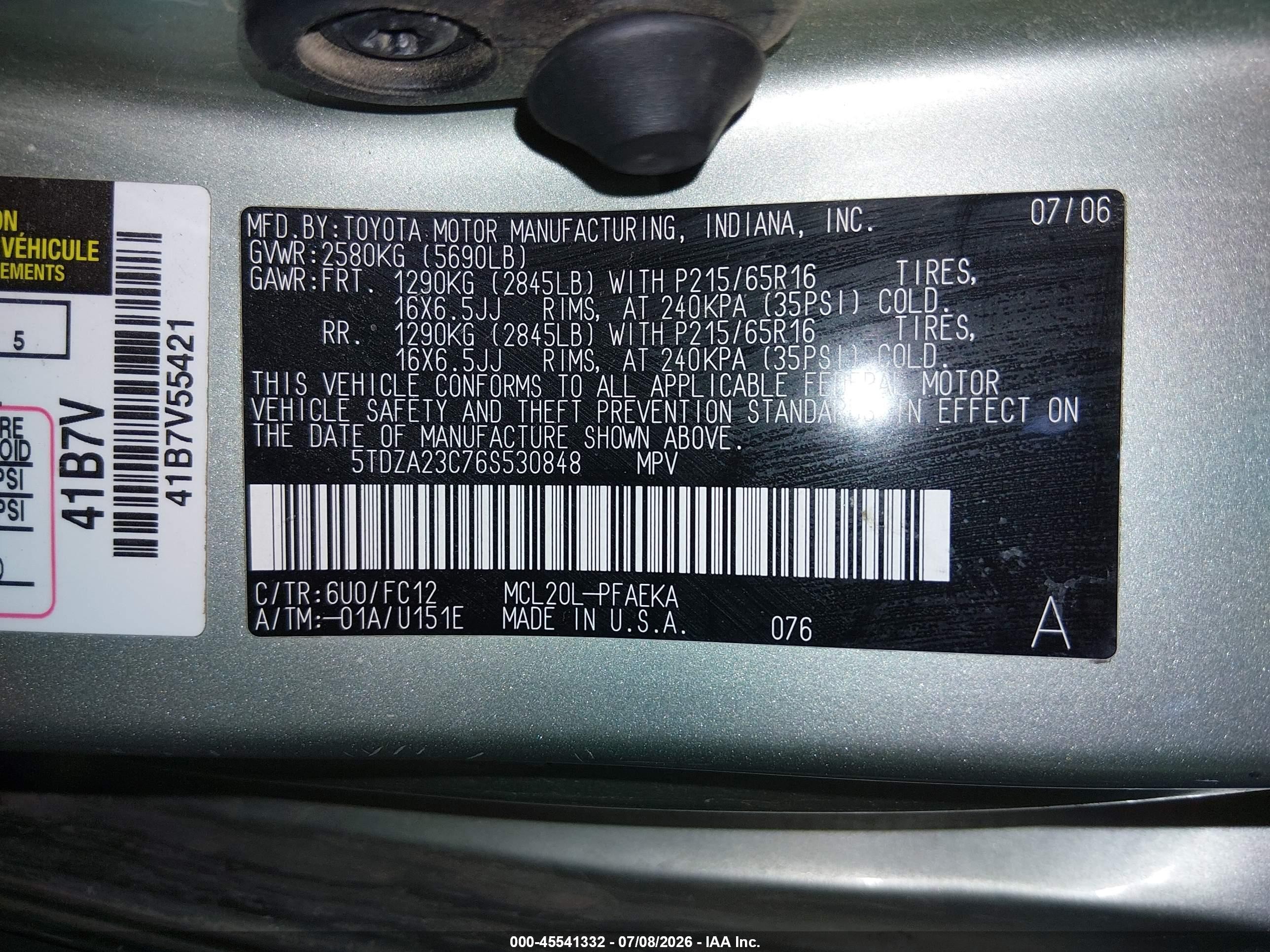 2006 Toyota Sienna Le Green vin: 5TDZA23C76S530848