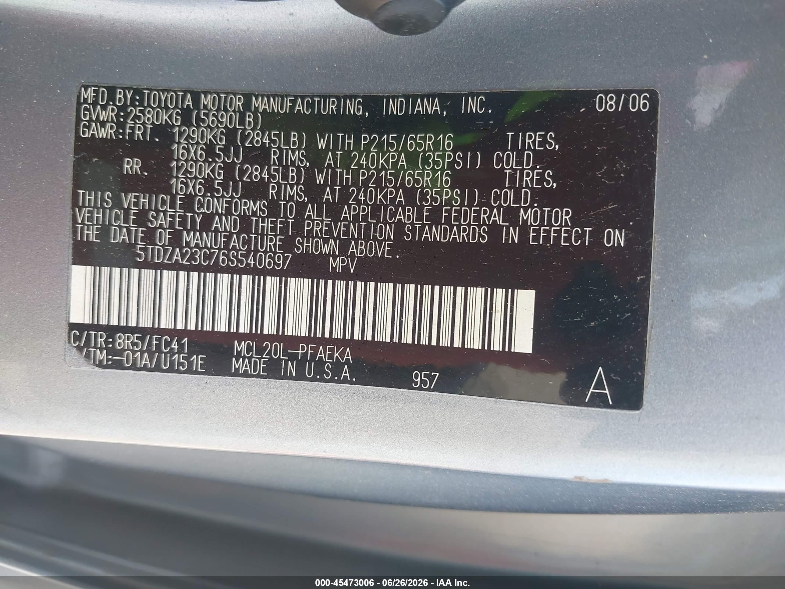 2006 Toyota Sienna Le Light Blue vin: 5TDZA23C76S540697