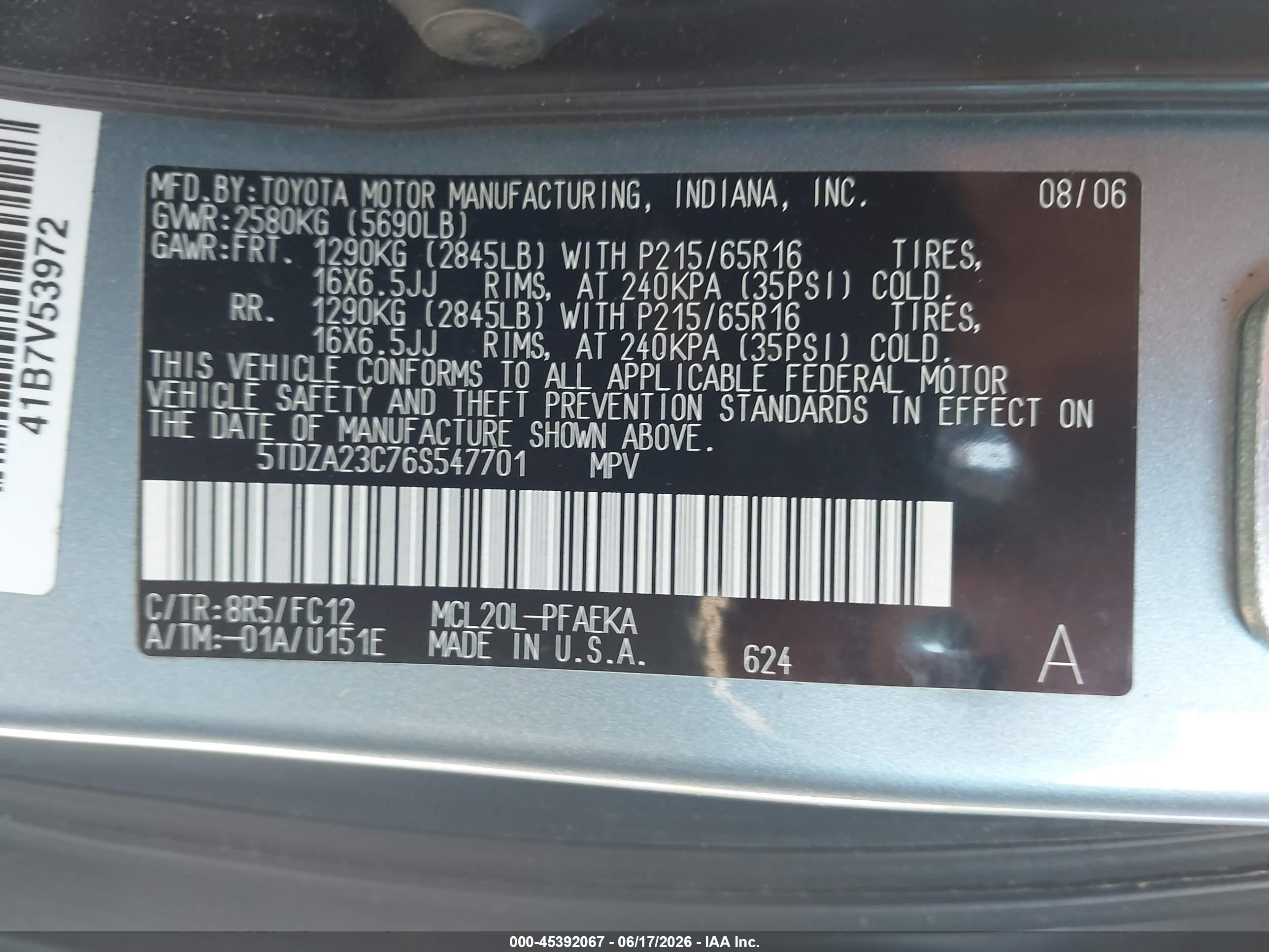 2006 Toyota Sienna Le Light Blue vin: 5TDZA23C76S547701