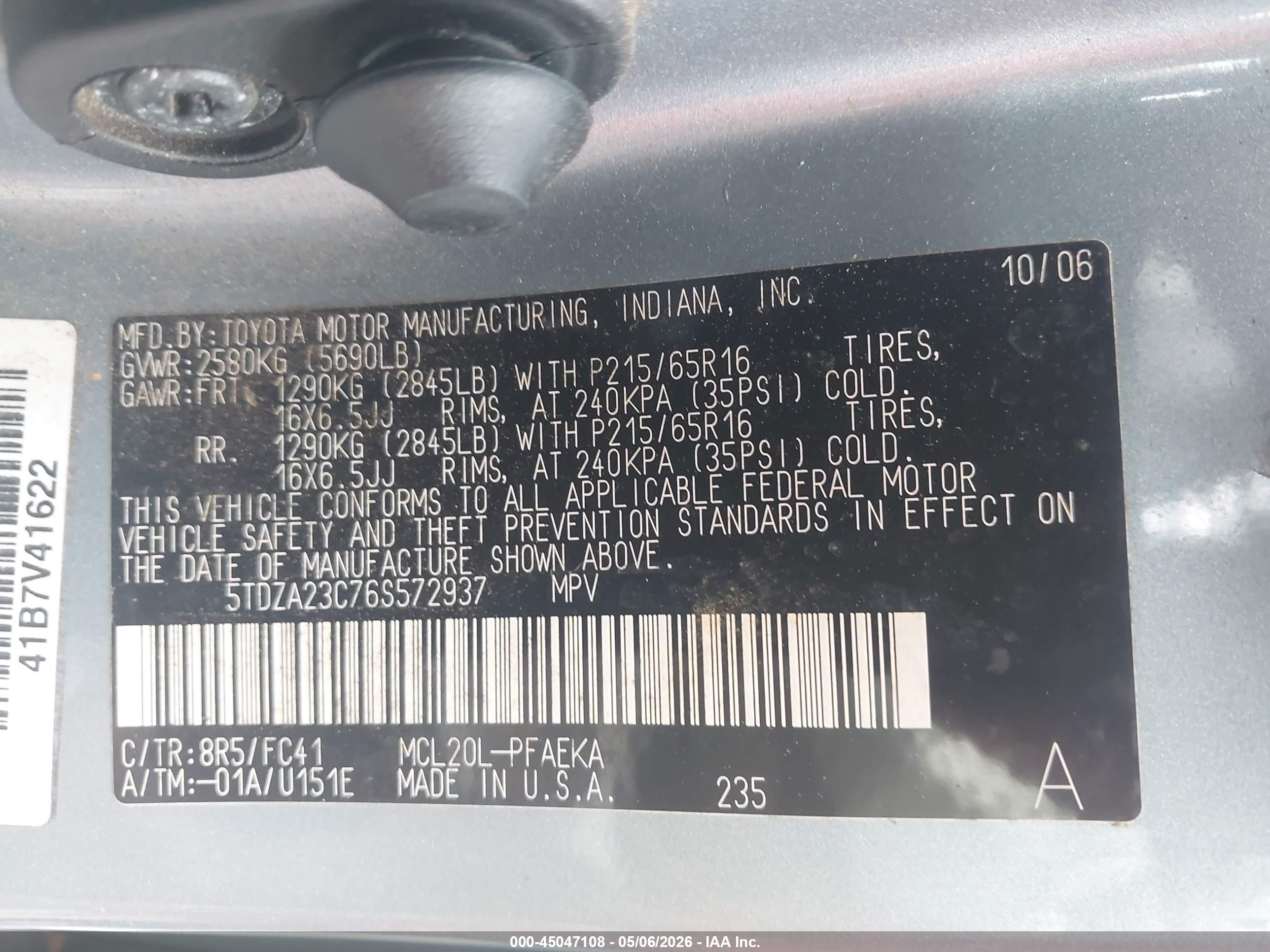 2006 Toyota Sienna Le Blue vin: 5TDZA23C76S572937