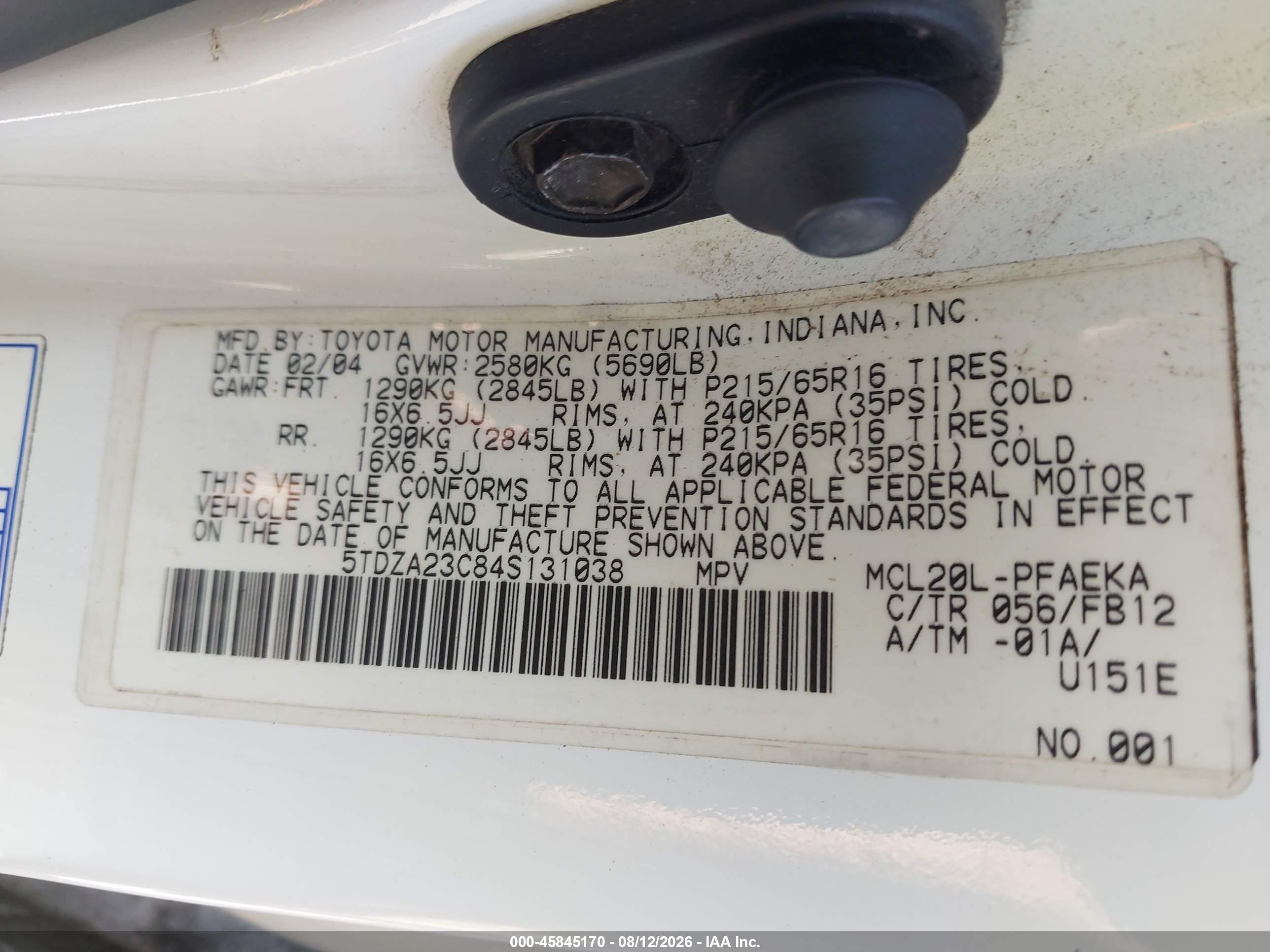 2004 Toyota Sienna Le Белый vin: 5TDZA23C84S131038