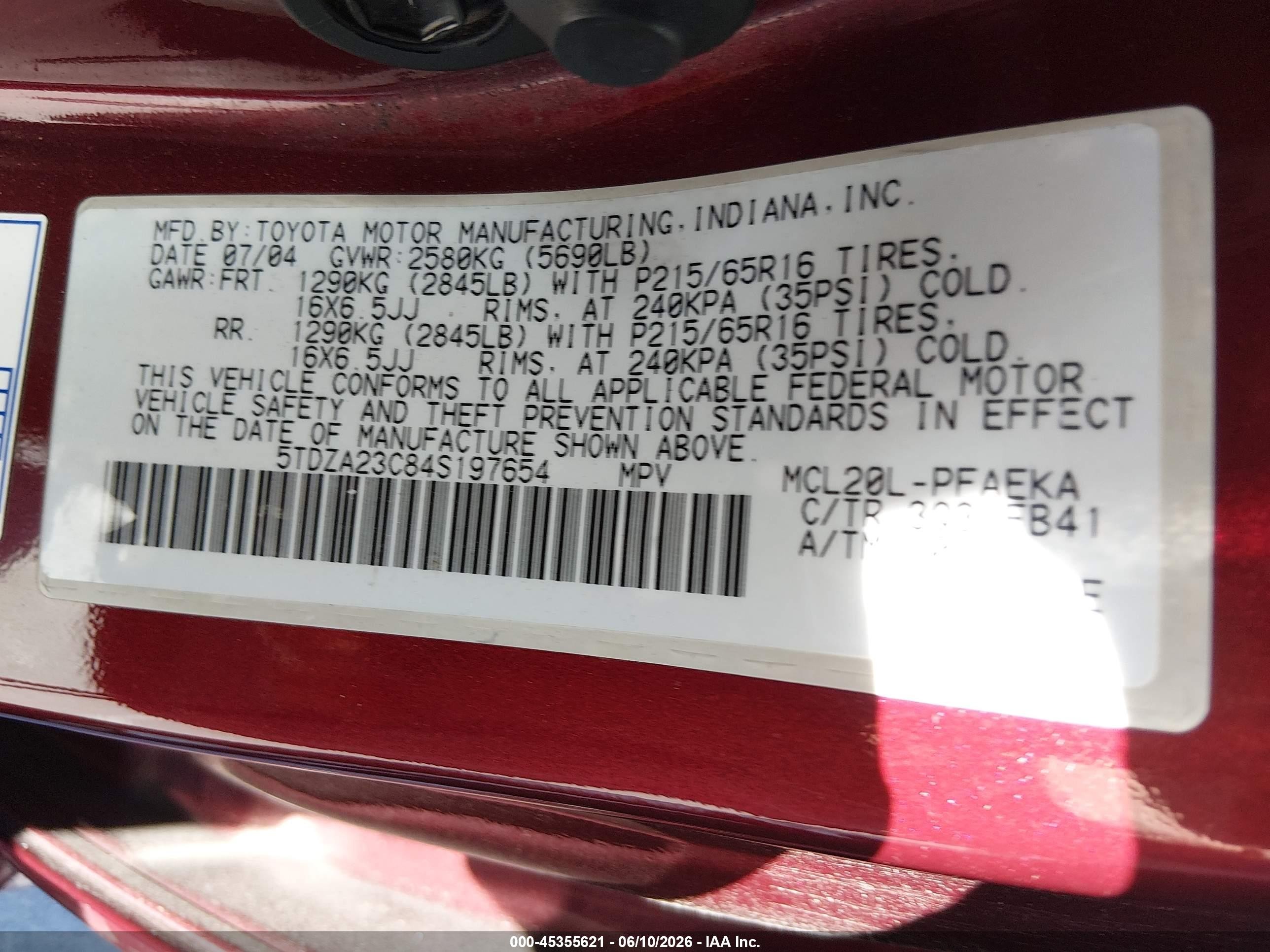 2004 Toyota Sienna Le Burgundy vin: 5TDZA23C84S197654