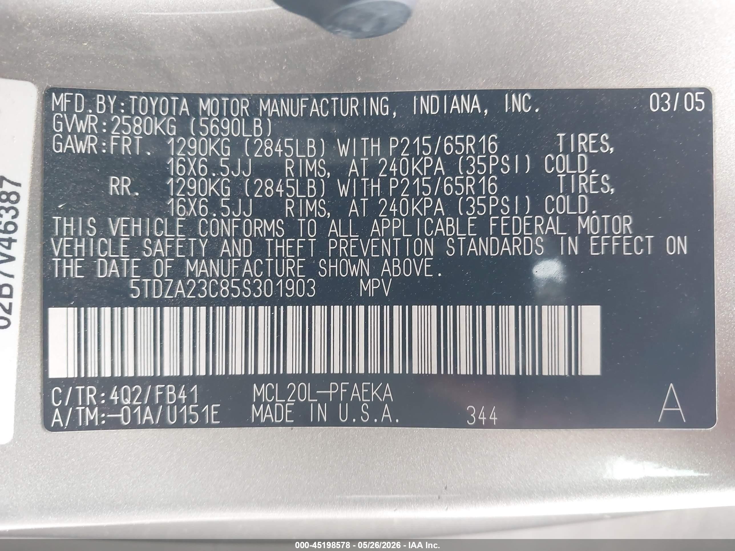 2005 Toyota Sienna Le Tan vin: 5TDZA23C85S301903