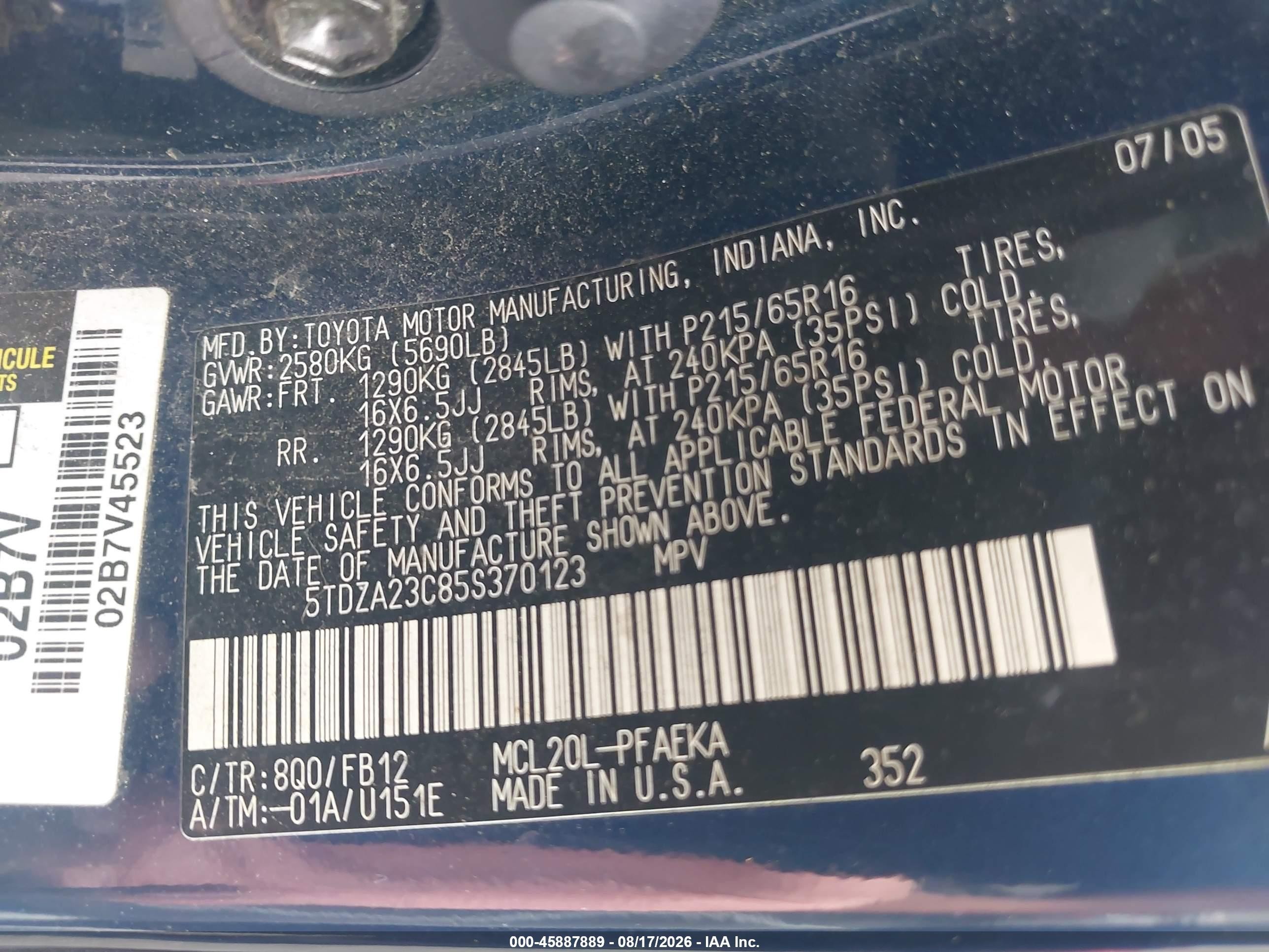 2005 Toyota Sienna Le Blue vin: 5TDZA23C85S370123