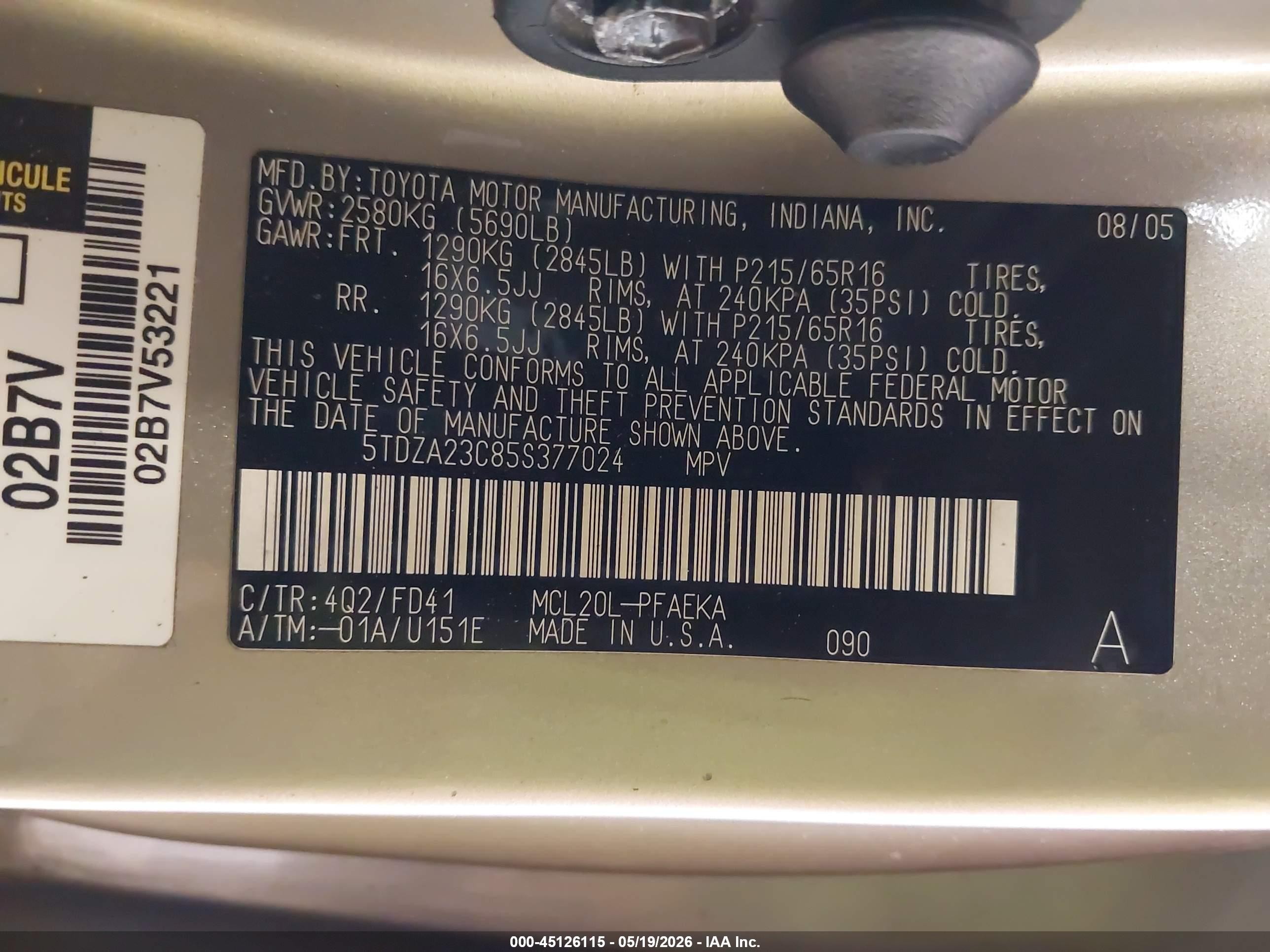 2005 Toyota Sienna Ce Gold vin: 5TDZA23C85S377024