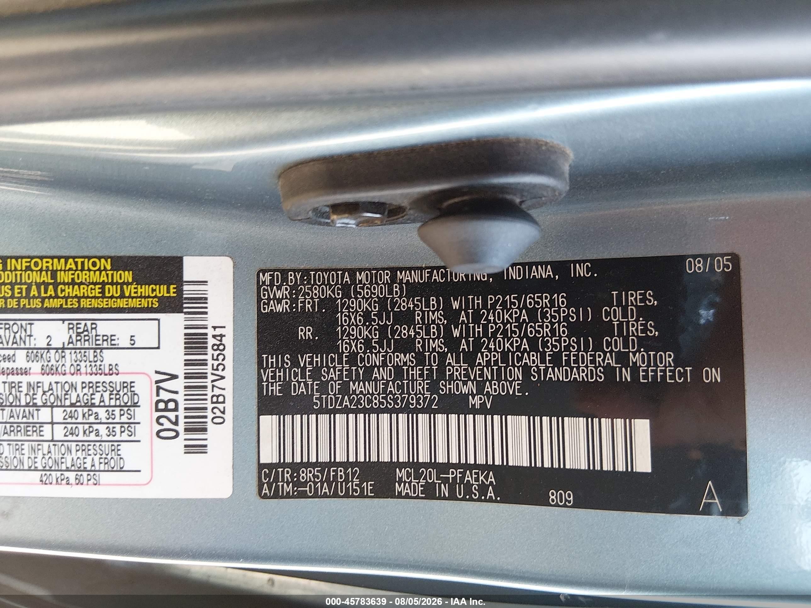 2005 Toyota Sienna Le Blue vin: 5TDZA23C85S379372