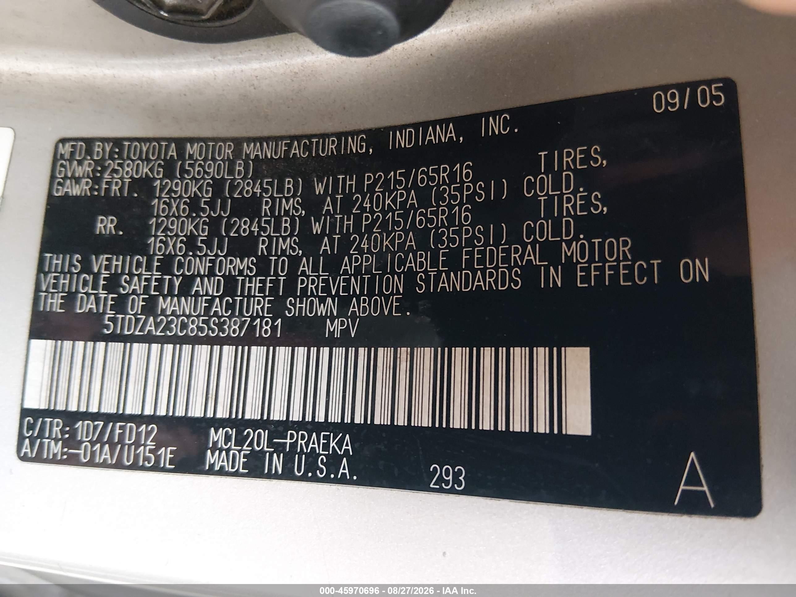 2005 Toyota Sienna Ce Gray vin: 5TDZA23C85S387181