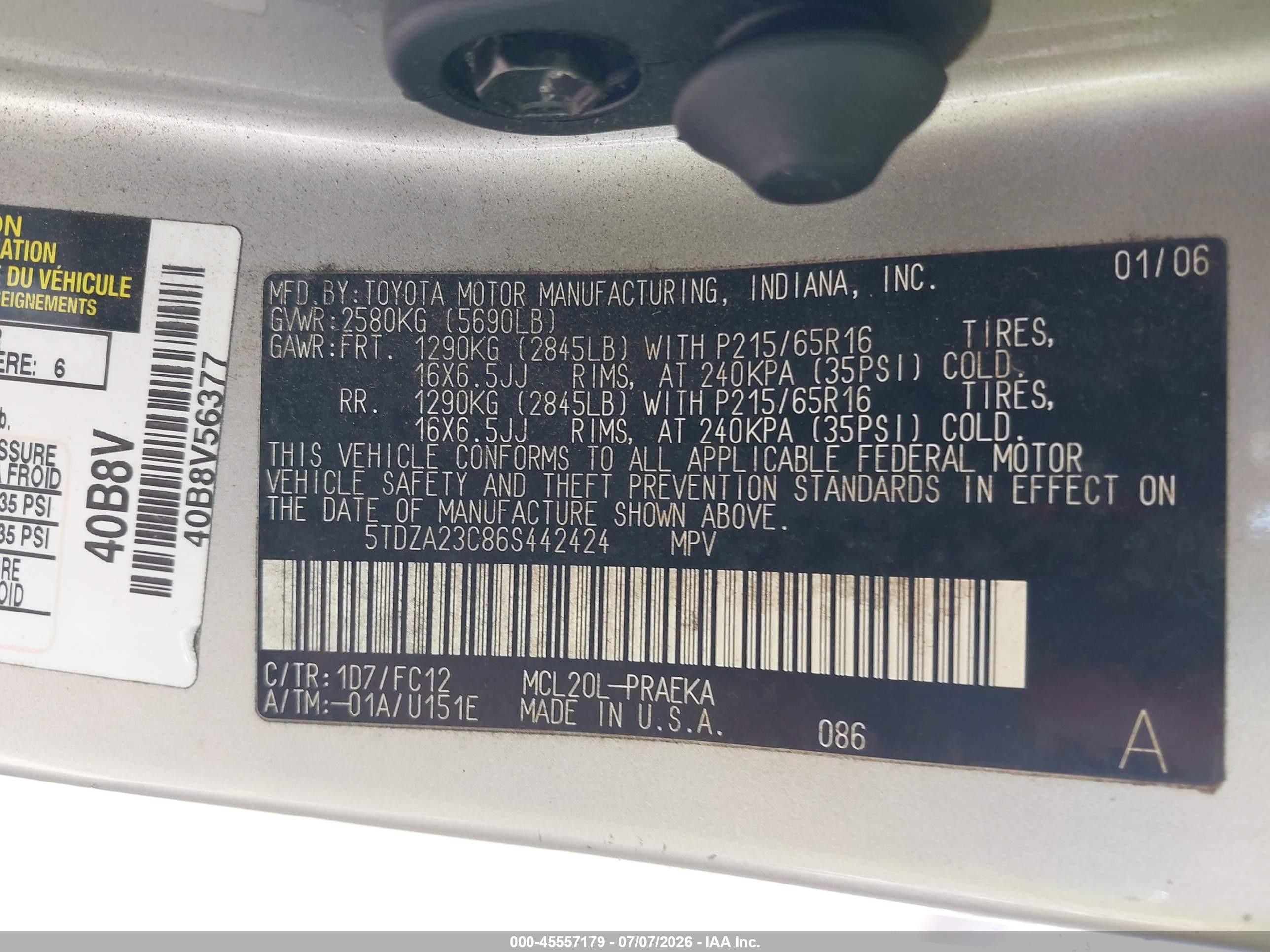 2006 Toyota Sienna Le Silver vin: 5TDZA23C86S442424