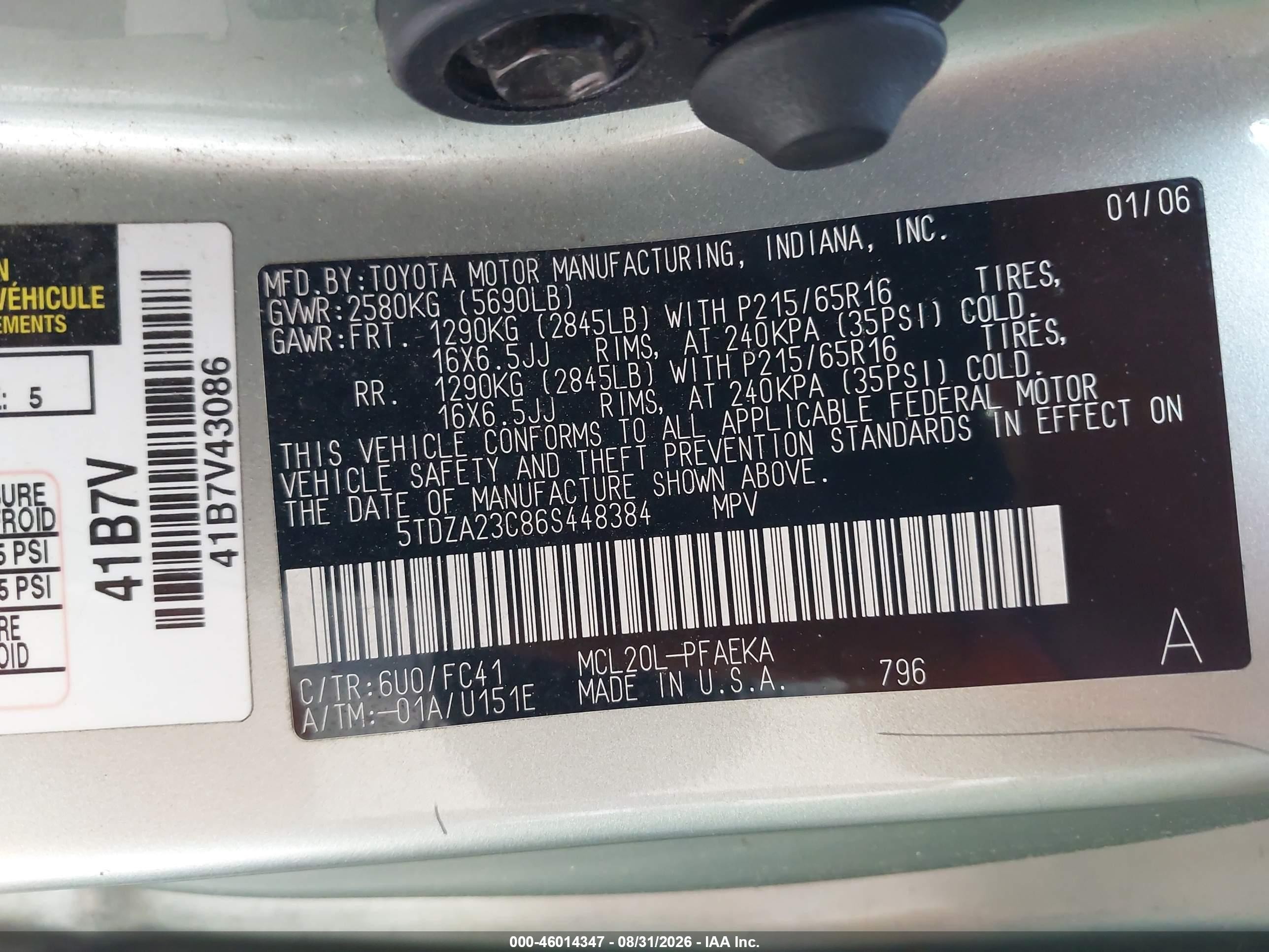 2006 Toyota Sienna Le Green vin: 5TDZA23C86S448384