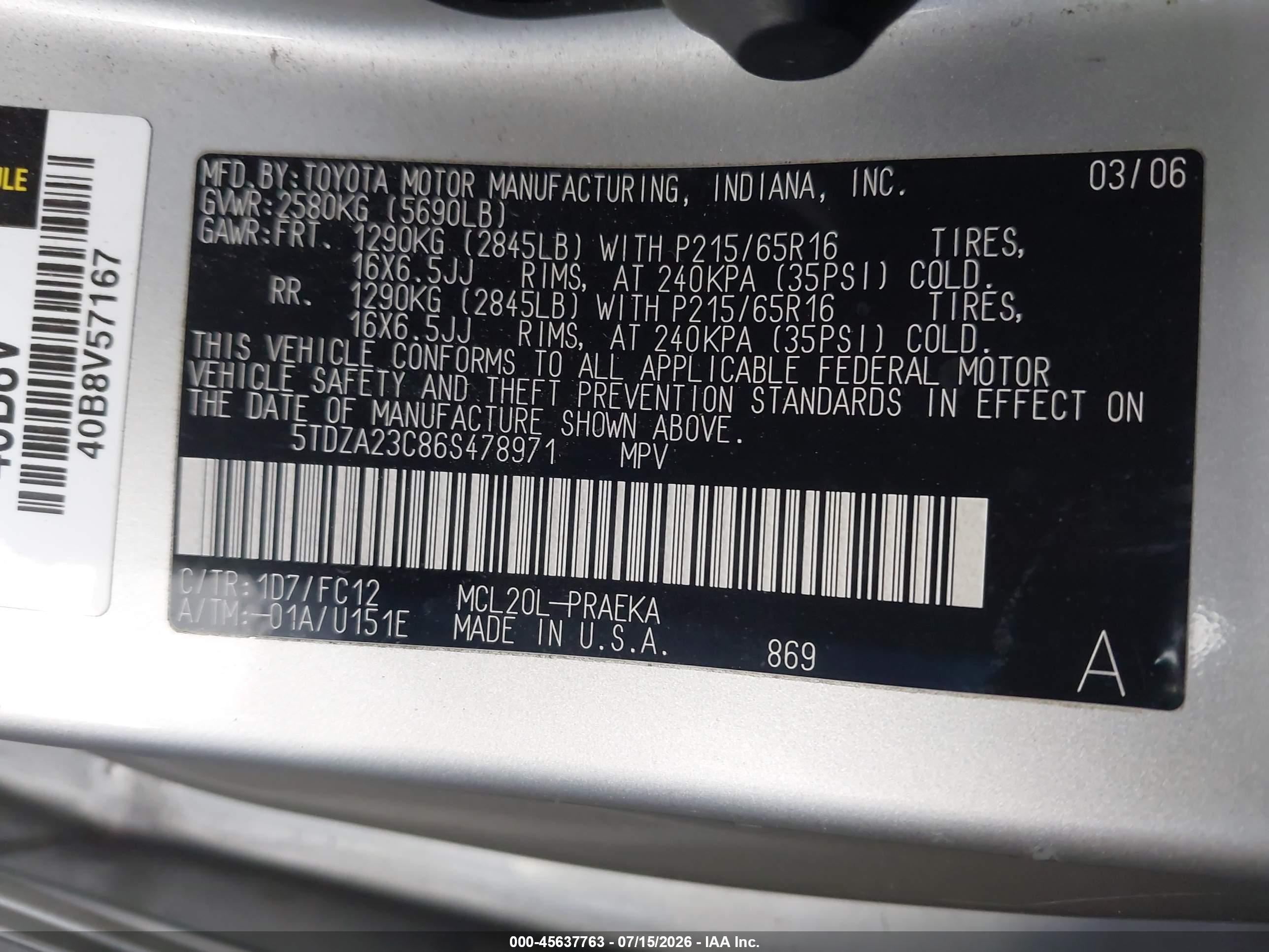 2006 Toyota Sienna Le Silver vin: 5TDZA23C86S478971