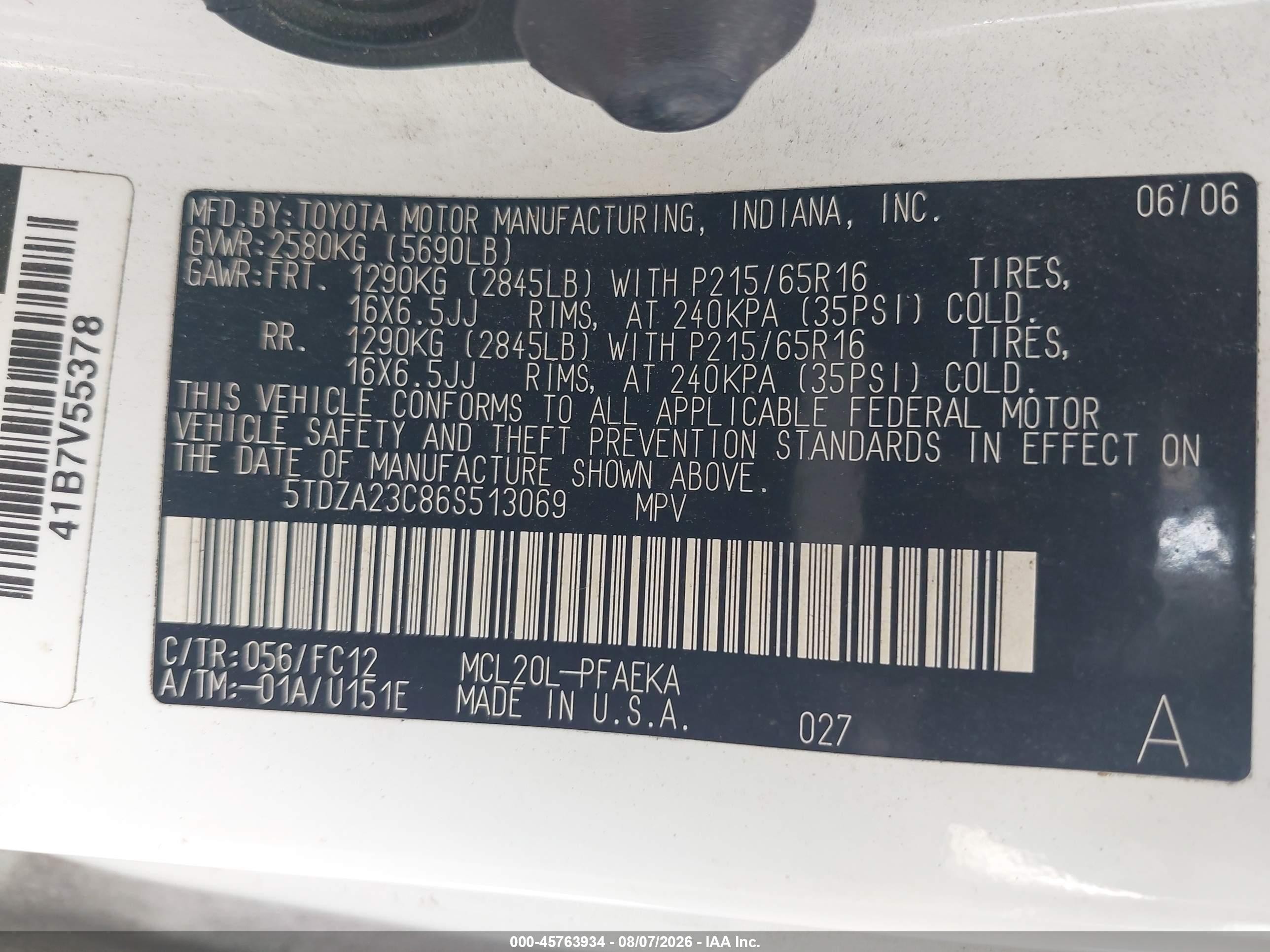 2006 Toyota Sienna Le Белый vin: 5TDZA23C86S513069