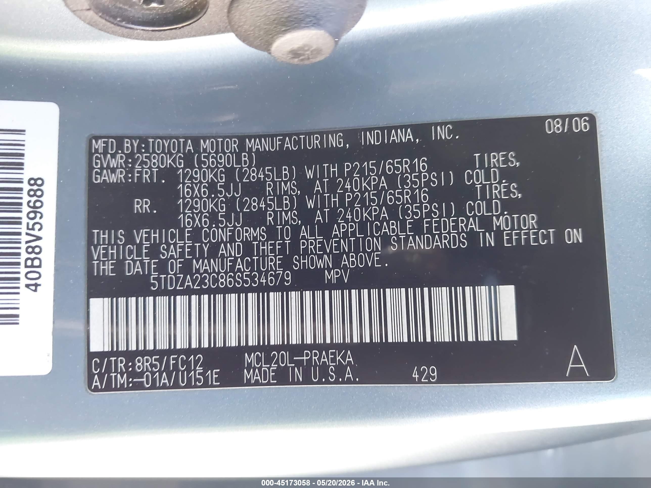 2006 Toyota Sienna Le Light Blue vin: 5TDZA23C86S534679
