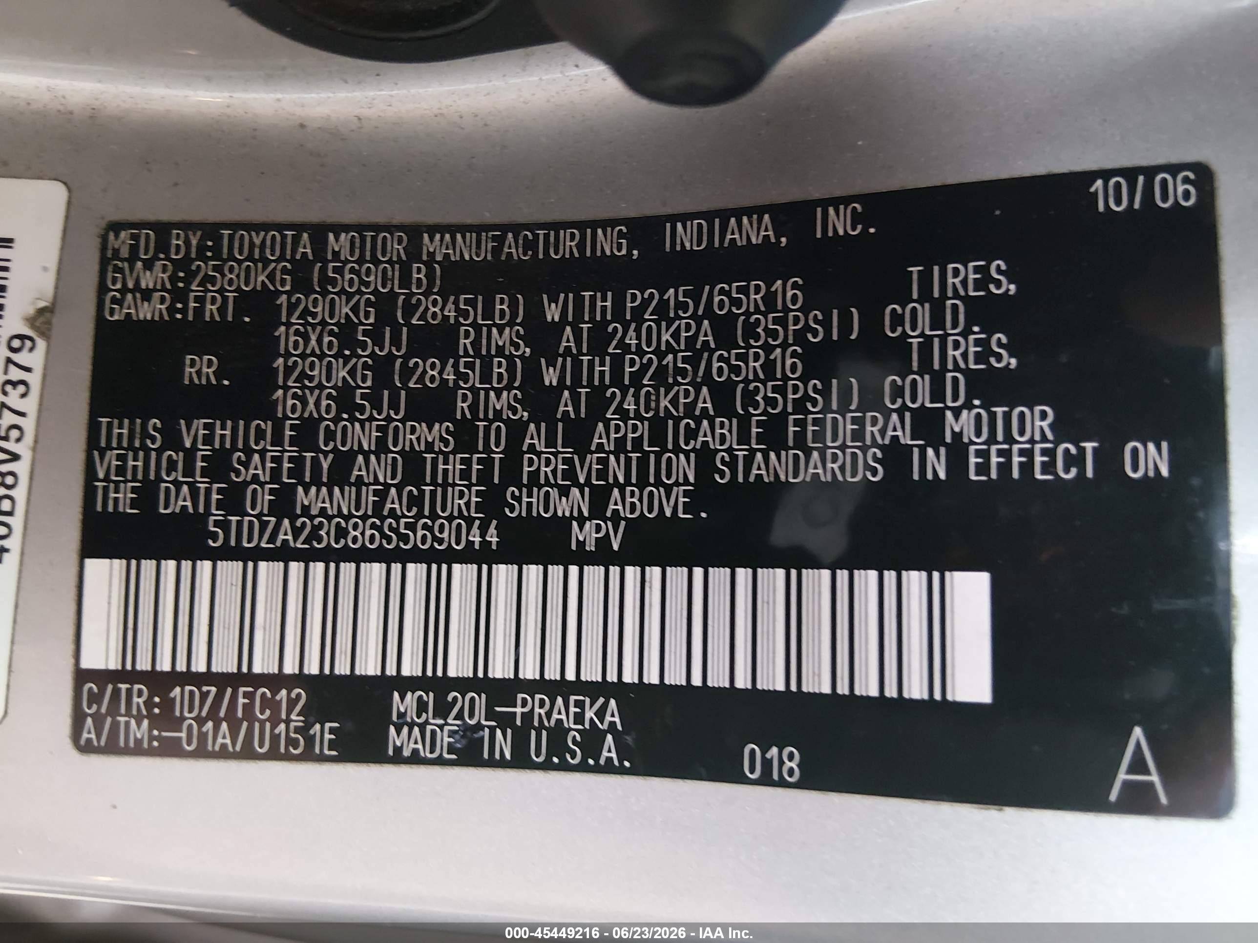 2006 Toyota Sienna Le Silver vin: 5TDZA23C86S569044