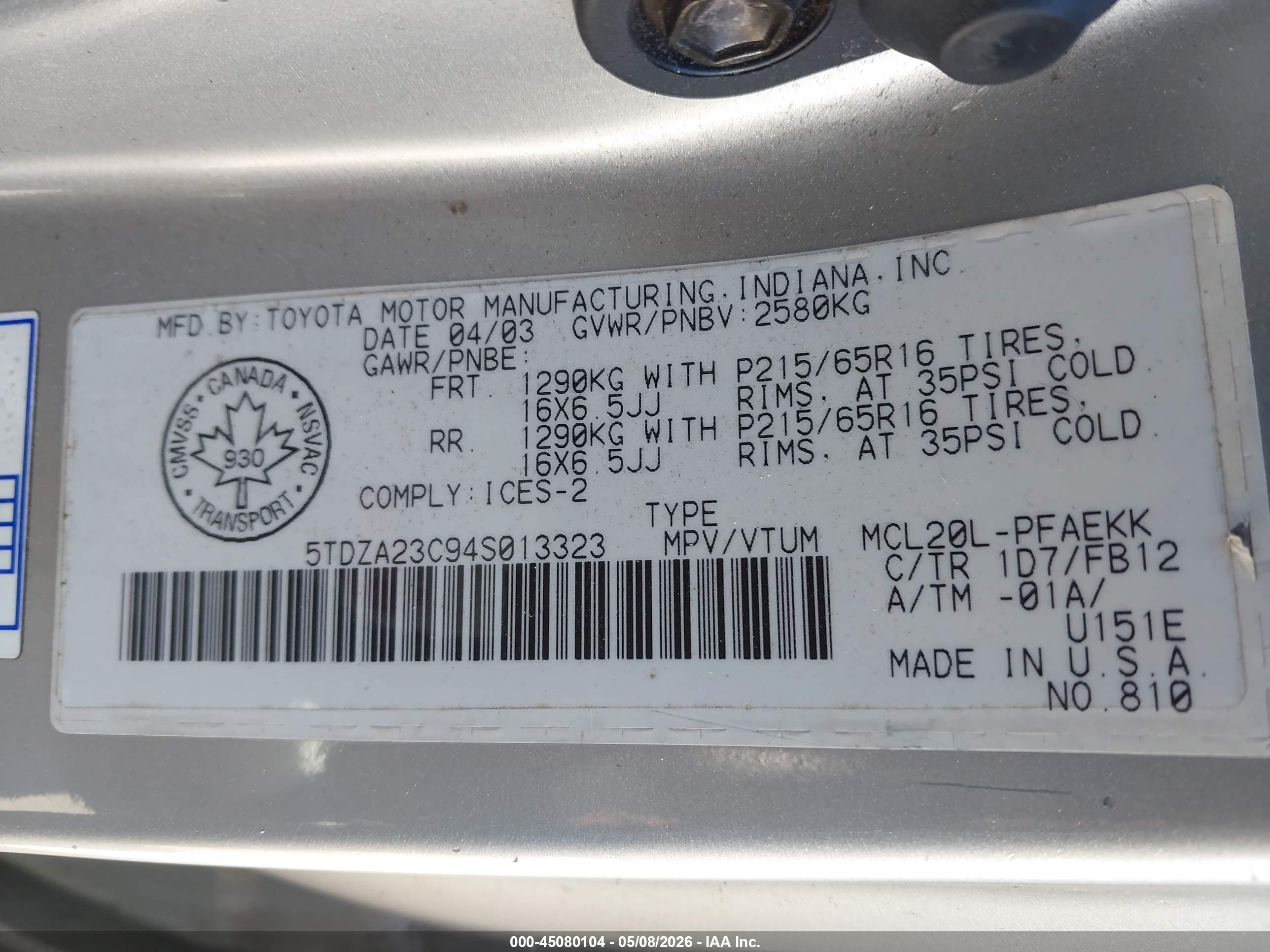 2004 Toyota Sienna Ce/le Silver vin: 5TDZA23C94S013323