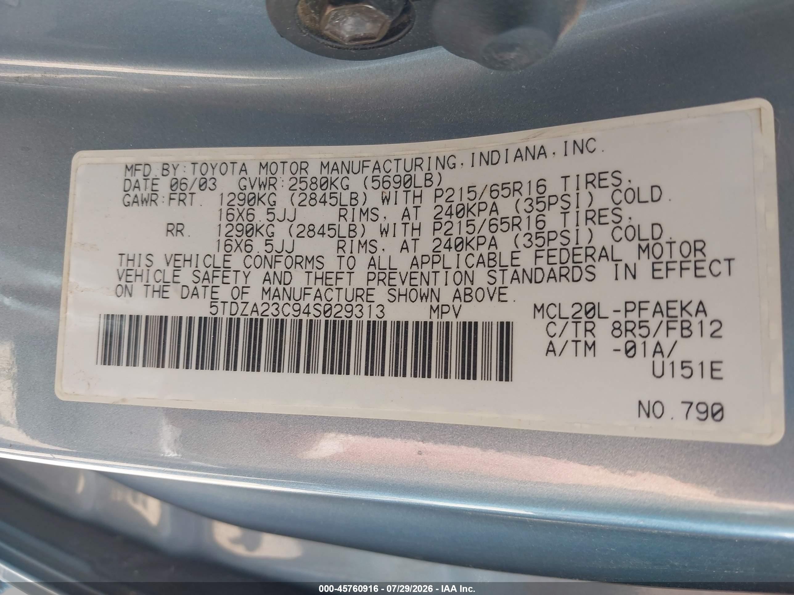 2004 Toyota Sienna Le Blue vin: 5TDZA23C94S029313