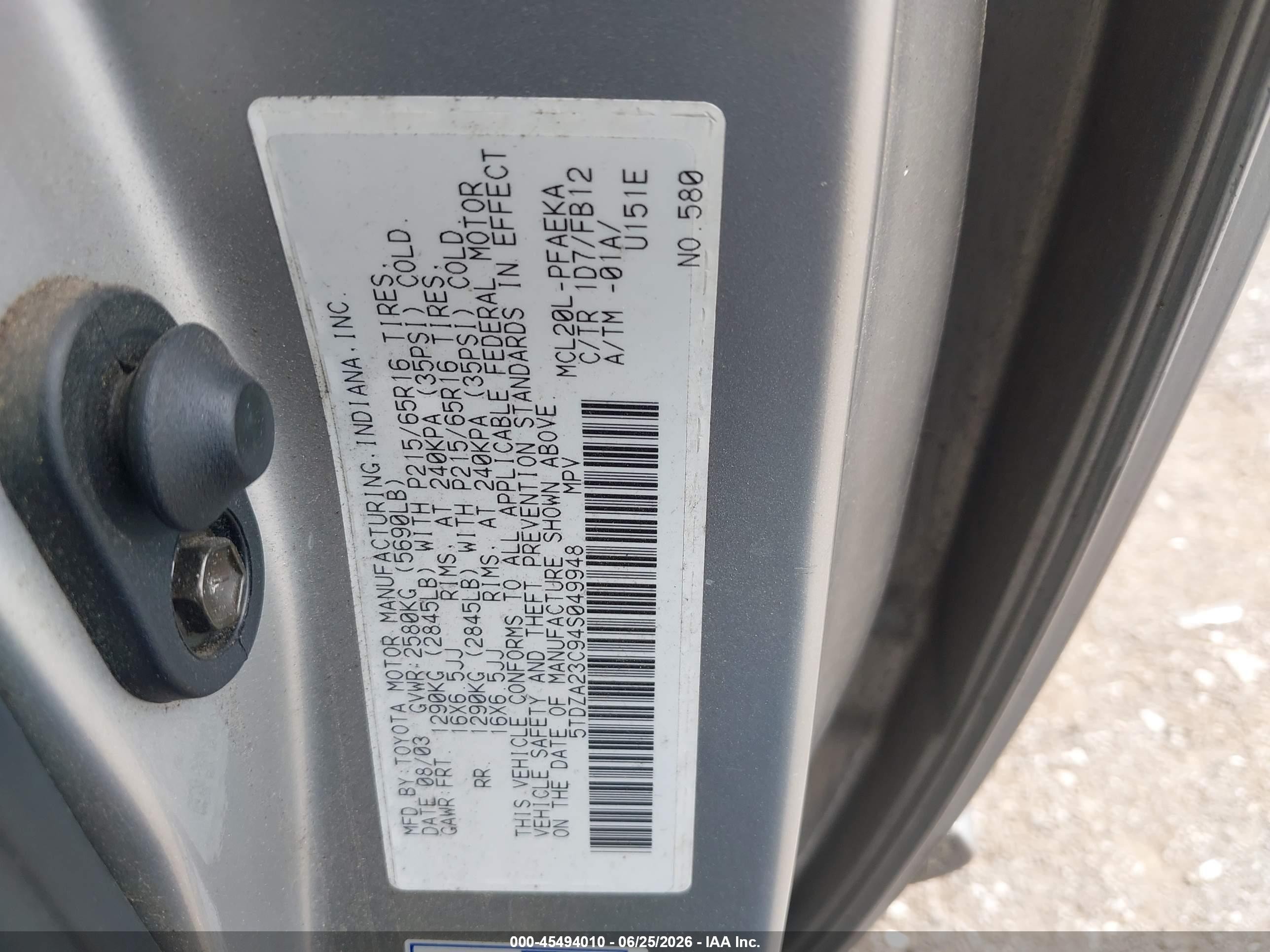 2004 Toyota Sienna Le Silver vin: 5TDZA23C94S049948