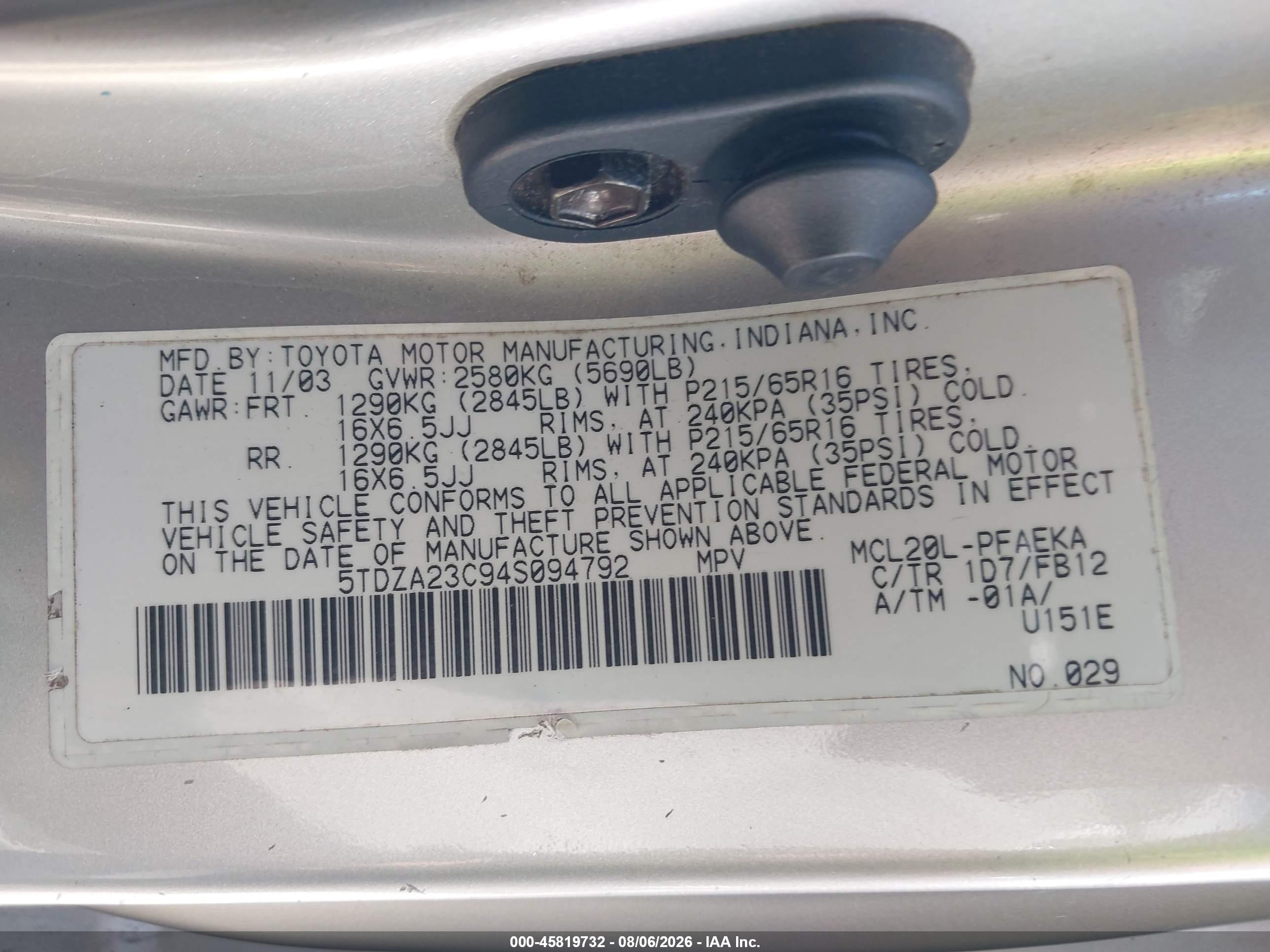 2004 Toyota Sienna Le Silver vin: 5TDZA23C94S094792