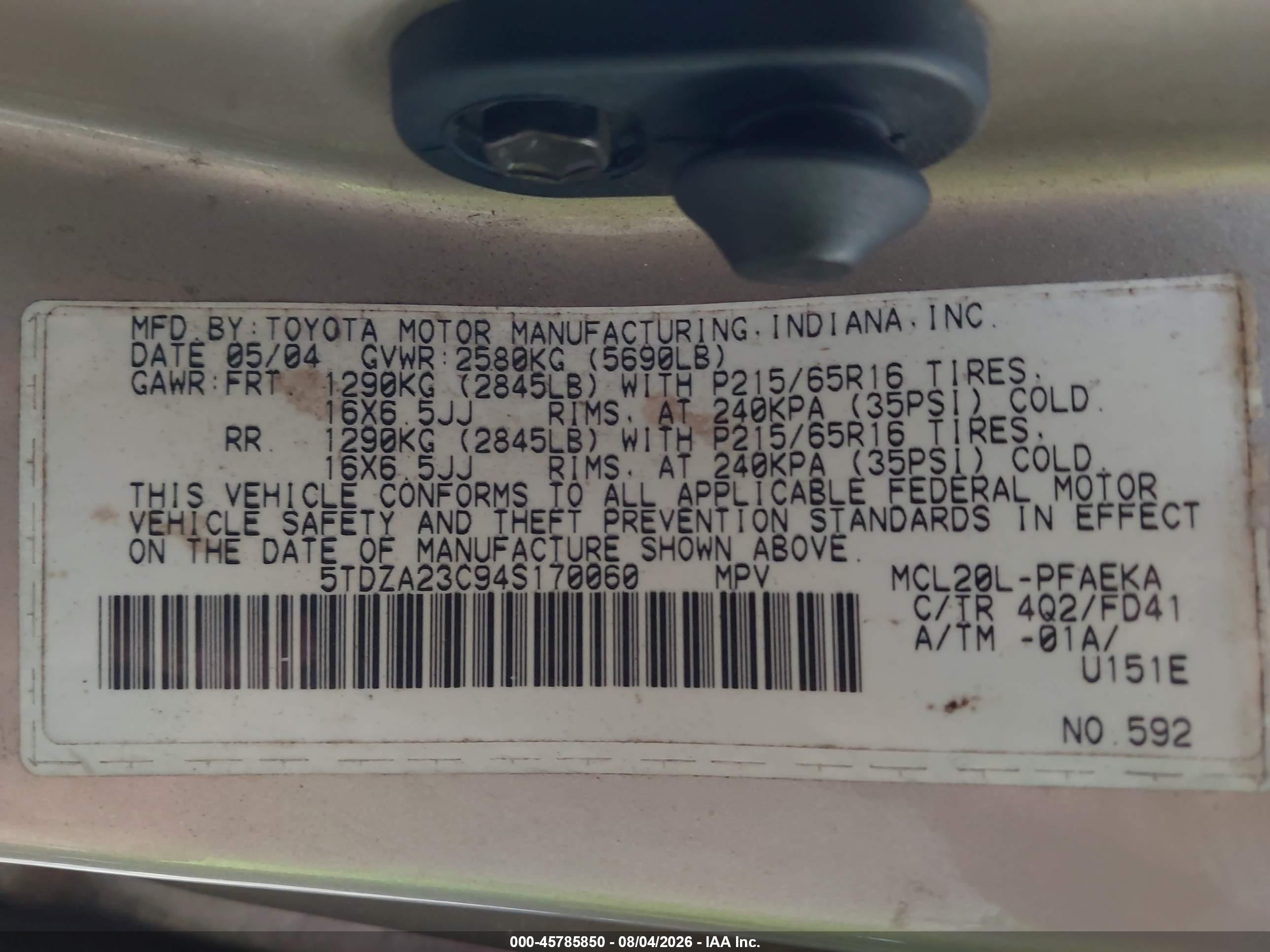 2004 Toyota Sienna Ce Gold vin: 5TDZA23C94S170060