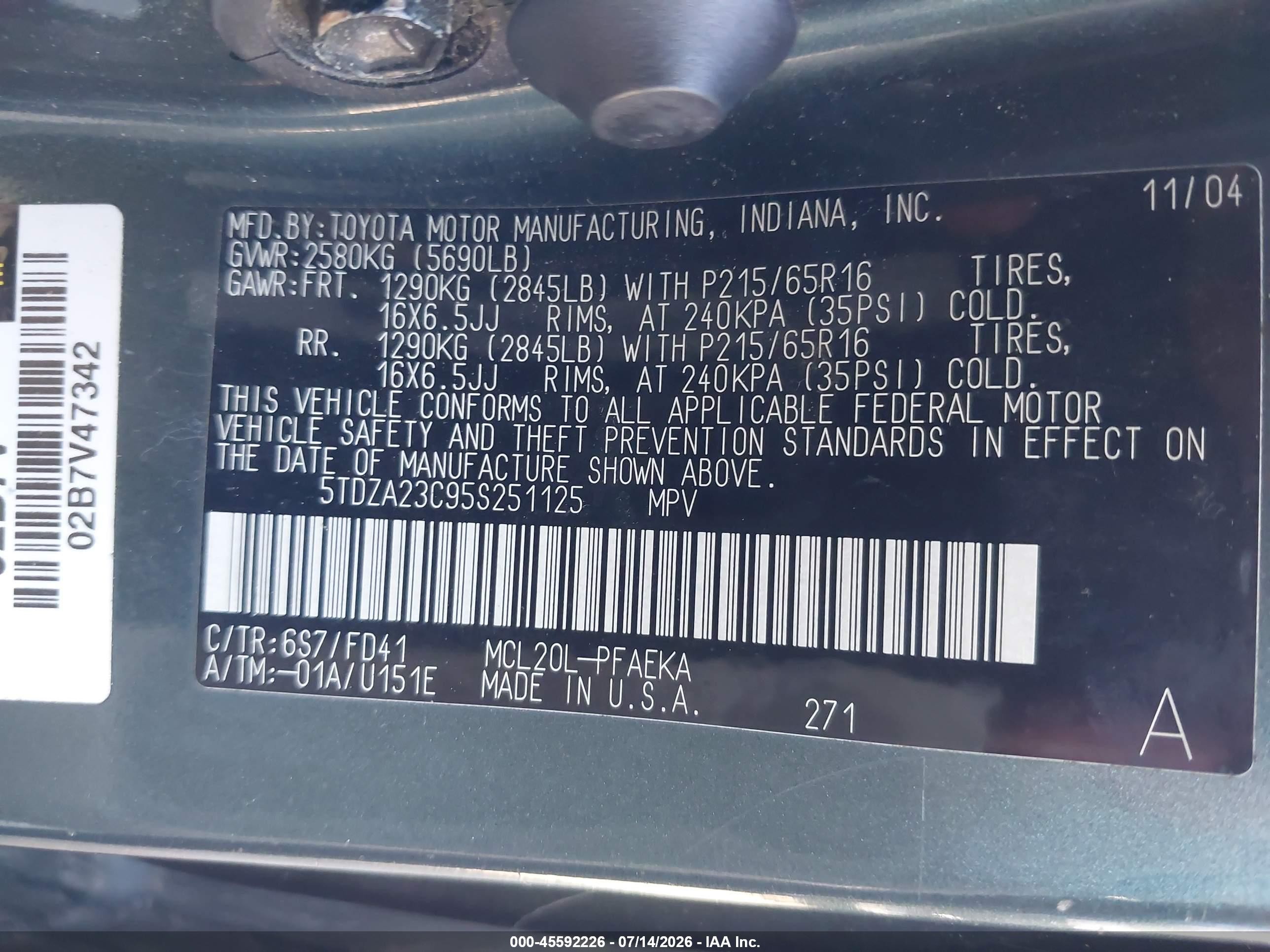 2005 Toyota Sienna Ce Green vin: 5TDZA23C95S251125