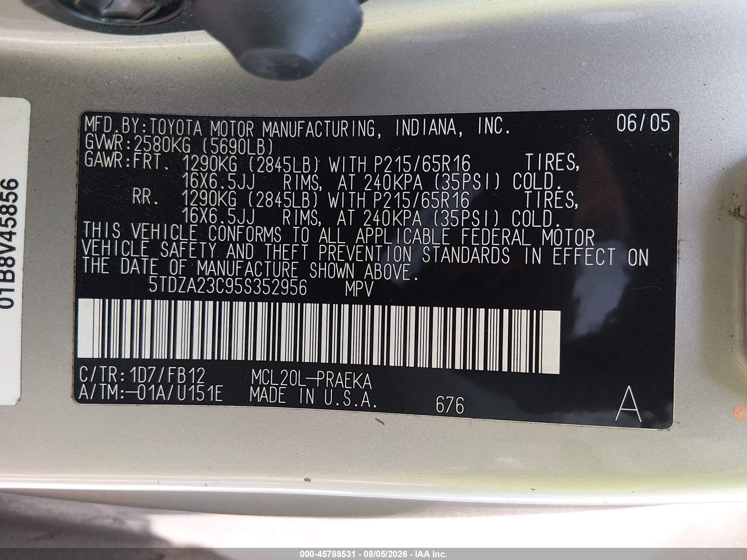 2005 Toyota Sienna Le Silver vin: 5TDZA23C95S352956