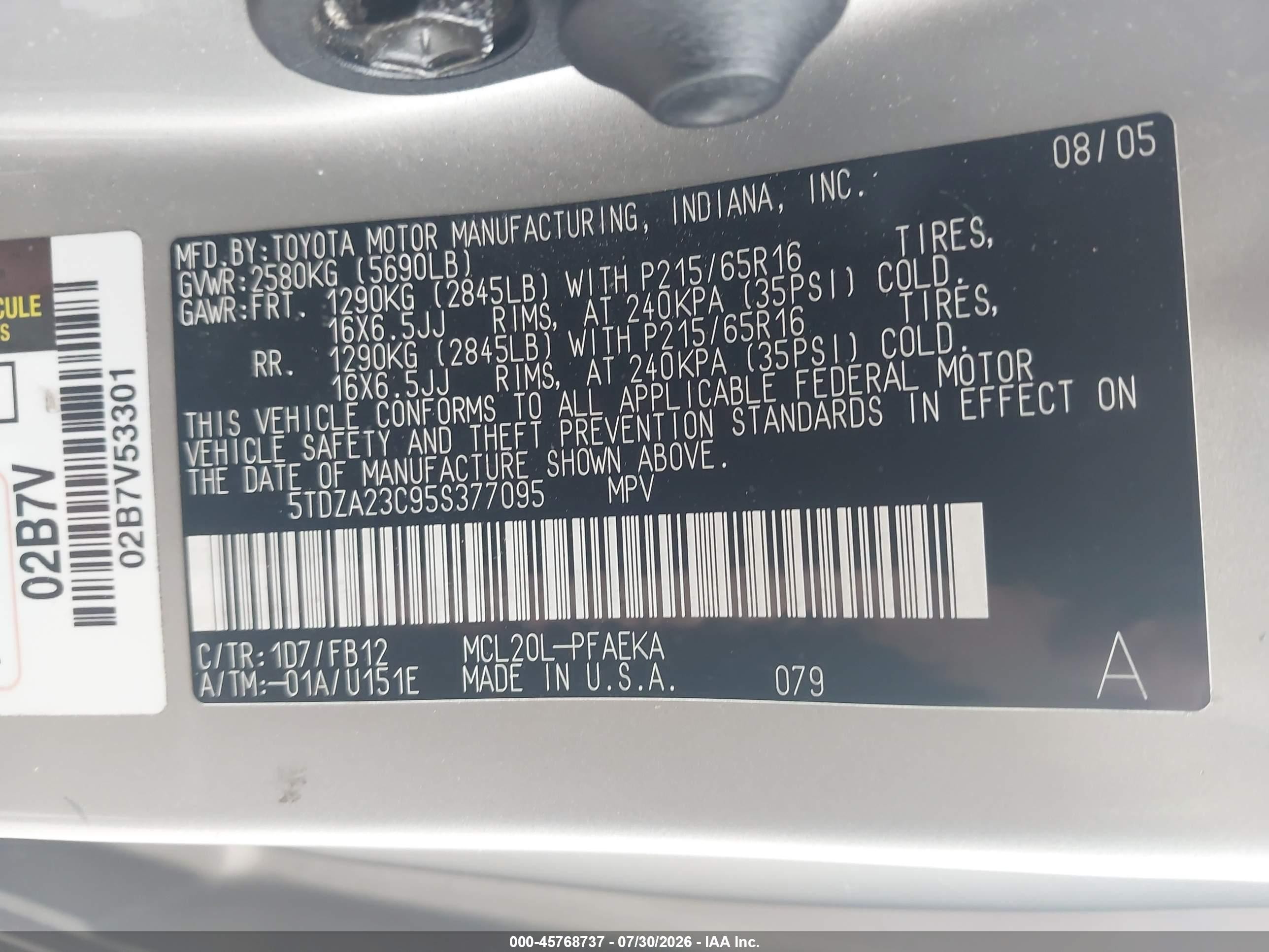 2005 Toyota Sienna Le Серебряный vin: 5TDZA23C95S377095
