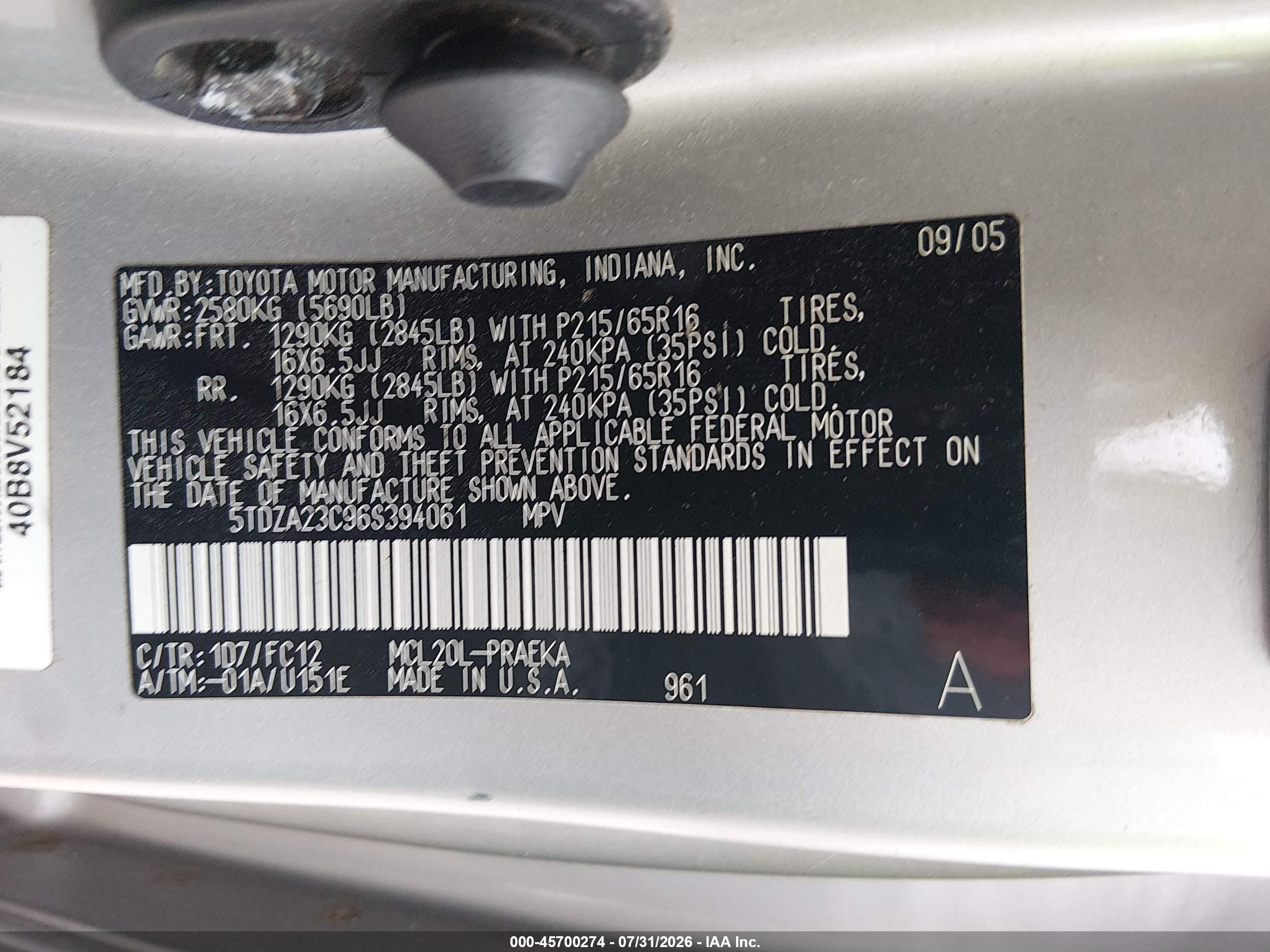 2006 Toyota Sienna Le Серебряный vin: 5TDZA23C96S394061