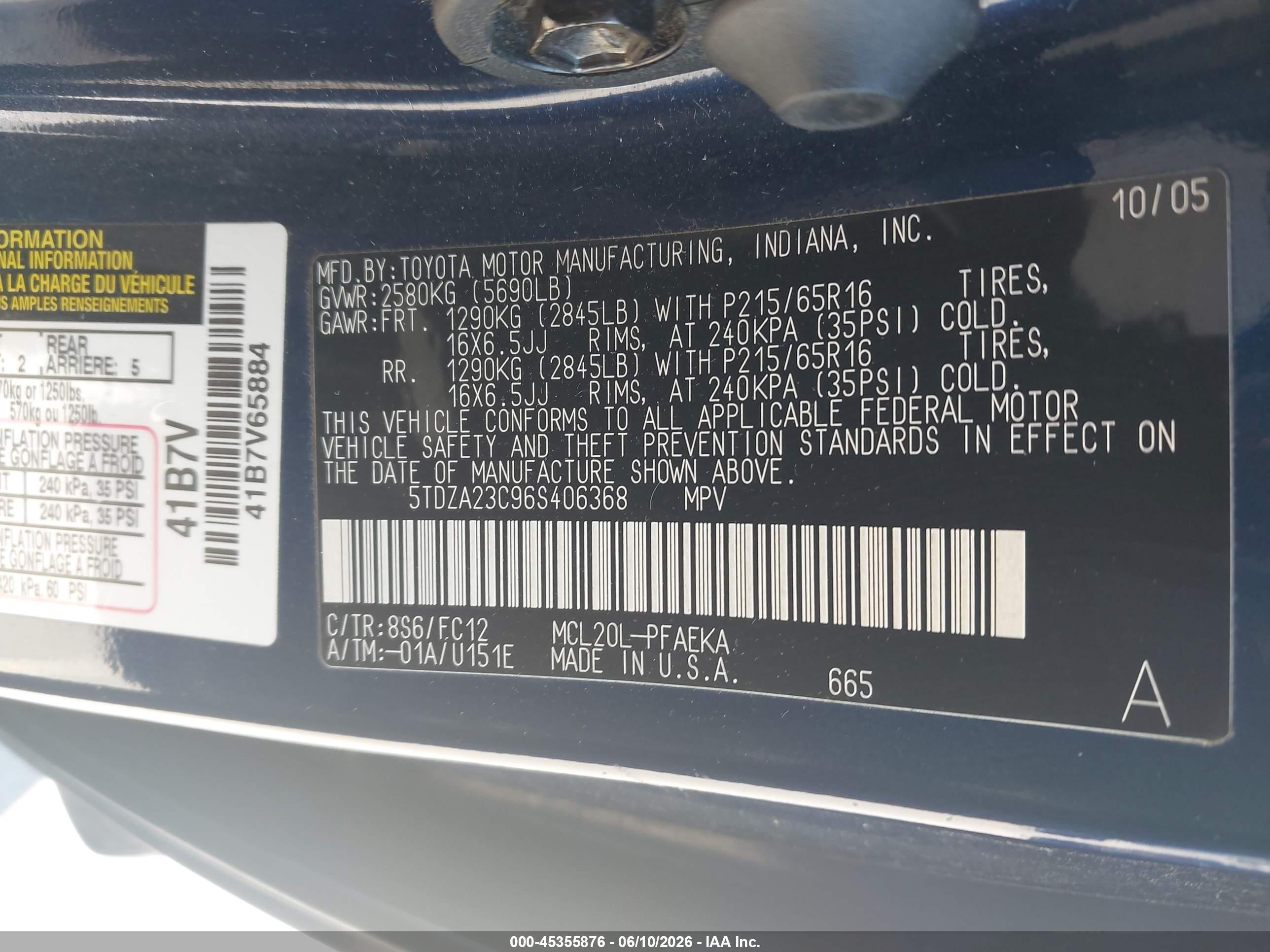 2006 Toyota Sienna Le Blue vin: 5TDZA23C96S406368