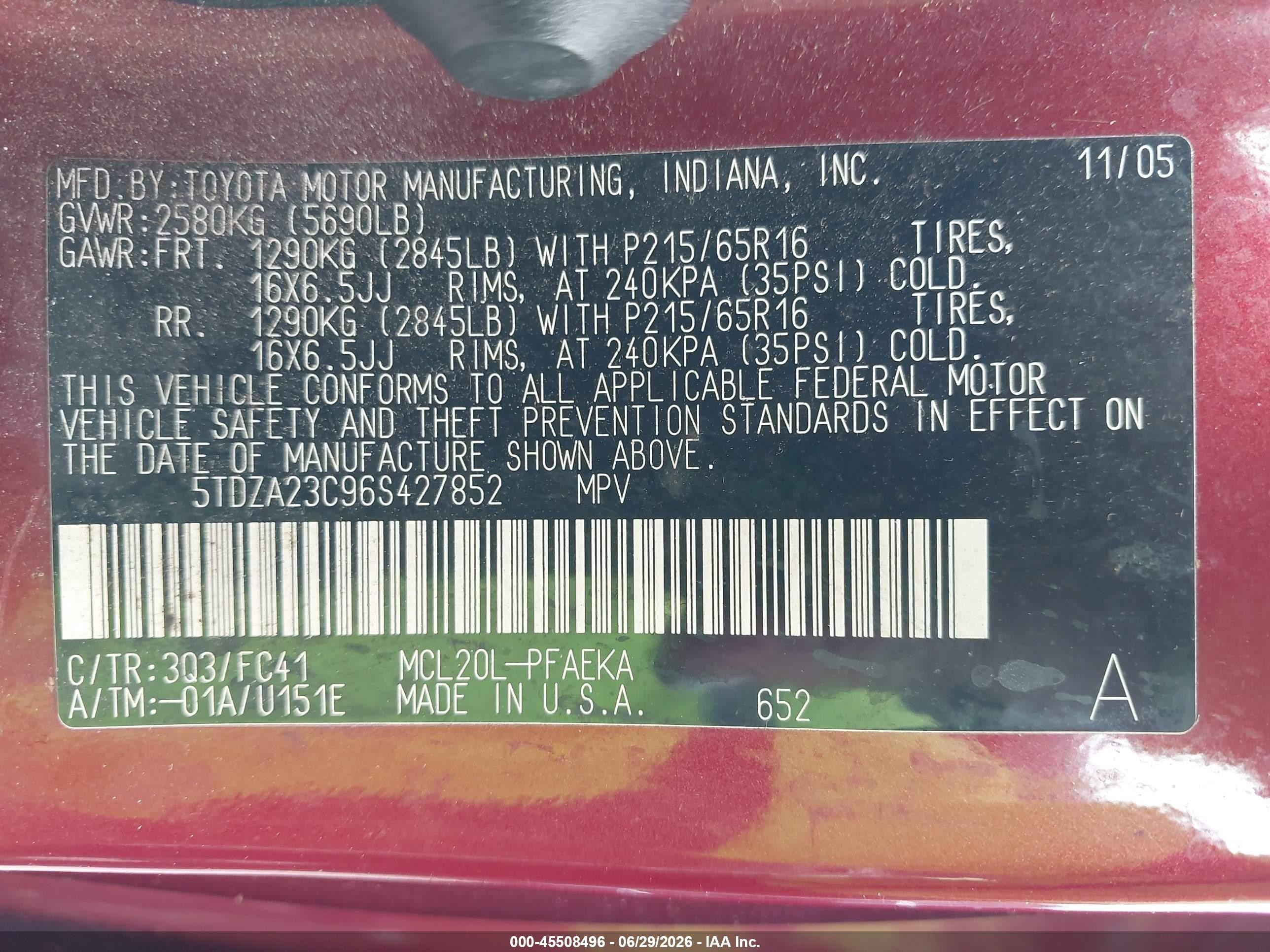 2006 Toyota Sienna Le Maroon vin: 5TDZA23C96S427852