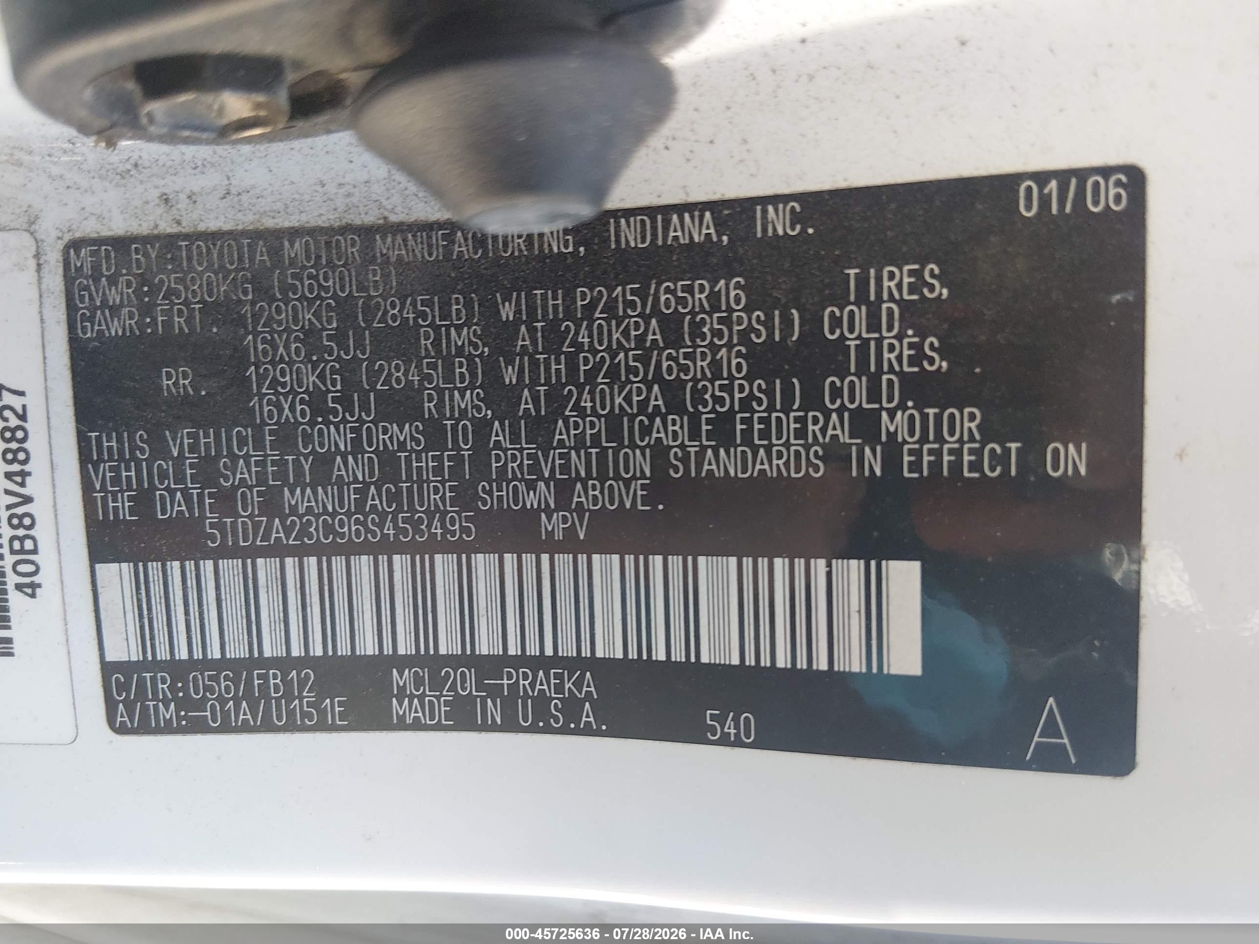 2006 Toyota Sienna Ce White vin: 5TDZA23C96S453495