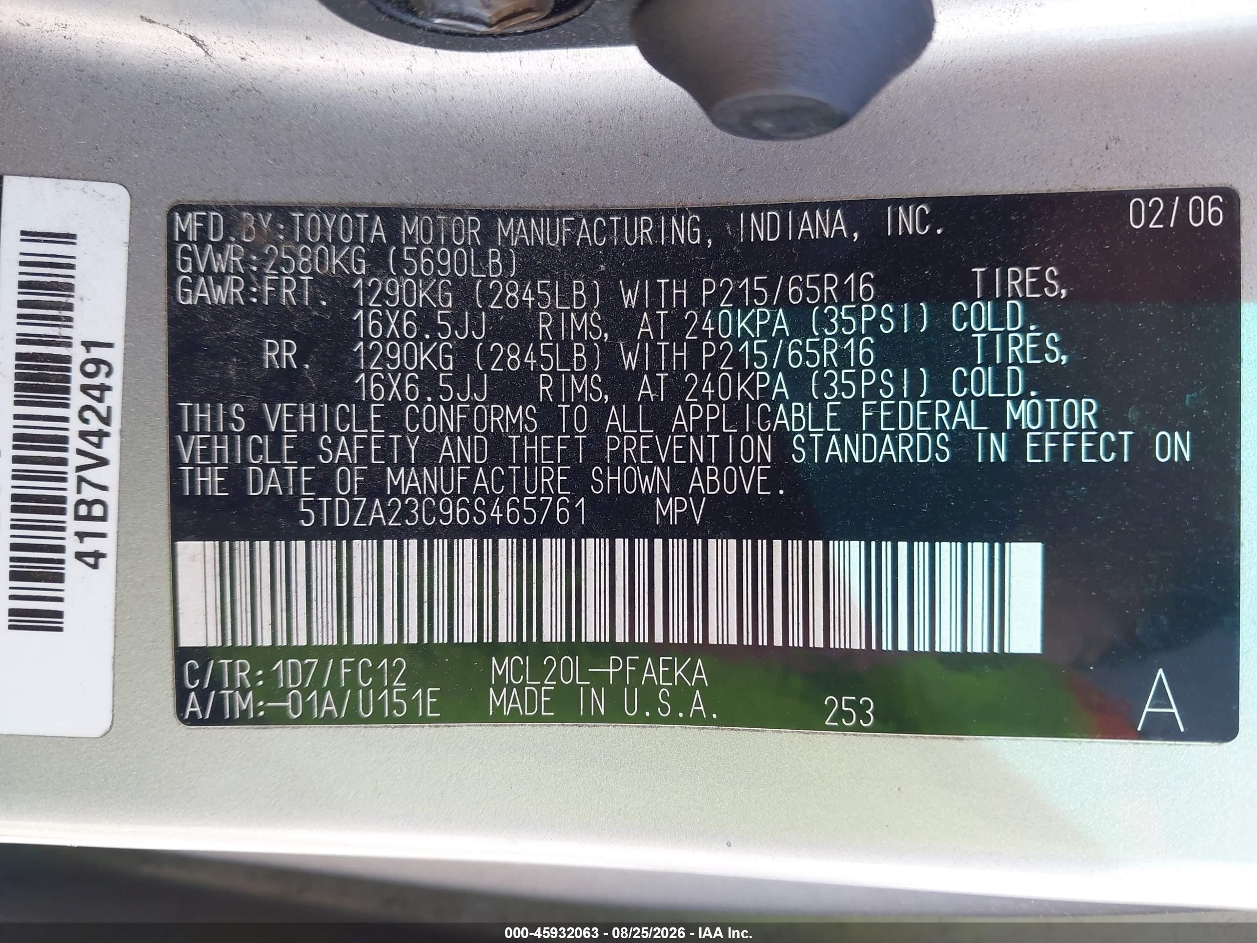 2006 Toyota Sienna Le Silver vin: 5TDZA23C96S465761