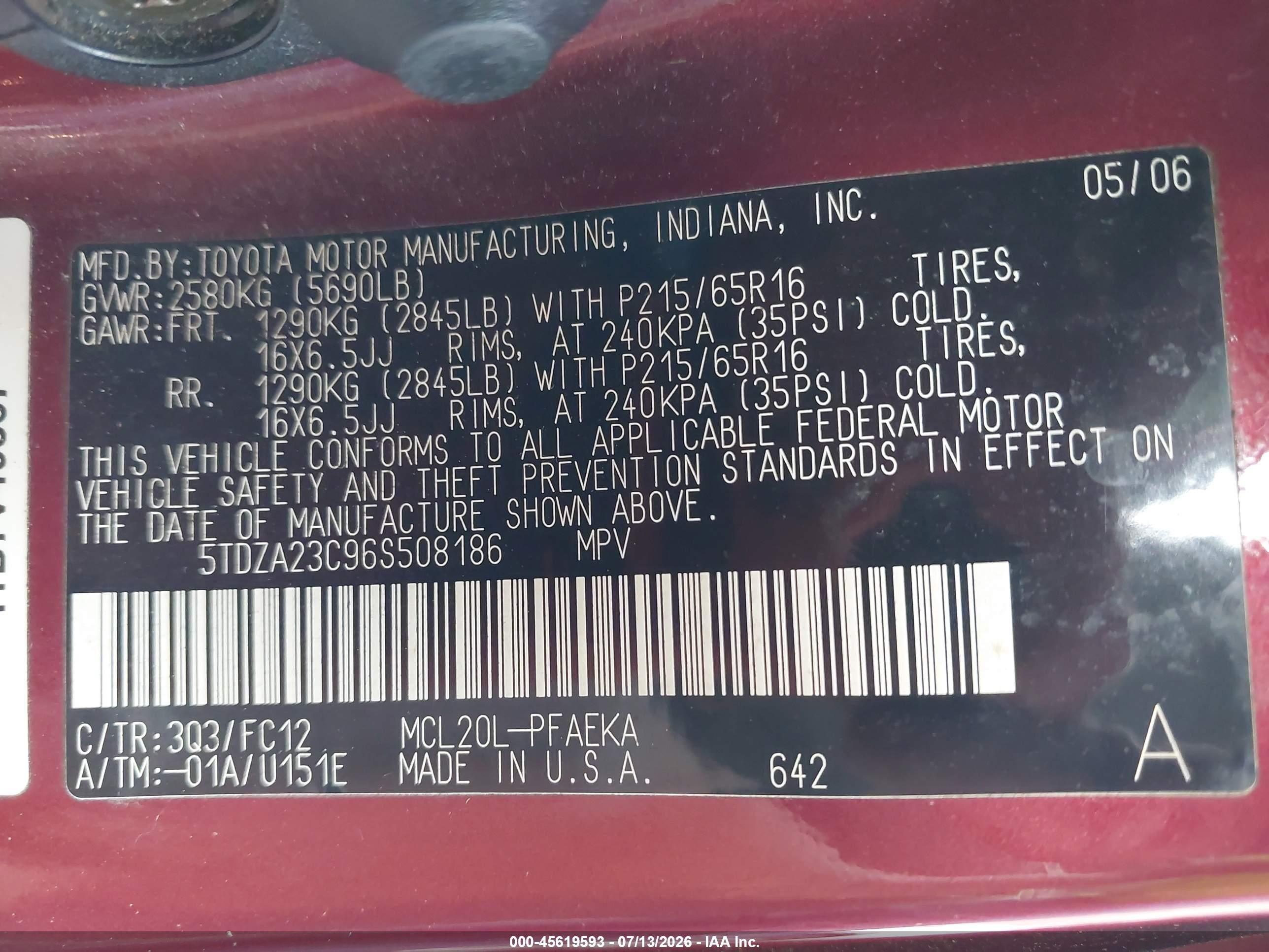 2006 Toyota Sienna Le Maroon vin: 5TDZA23C96S508186