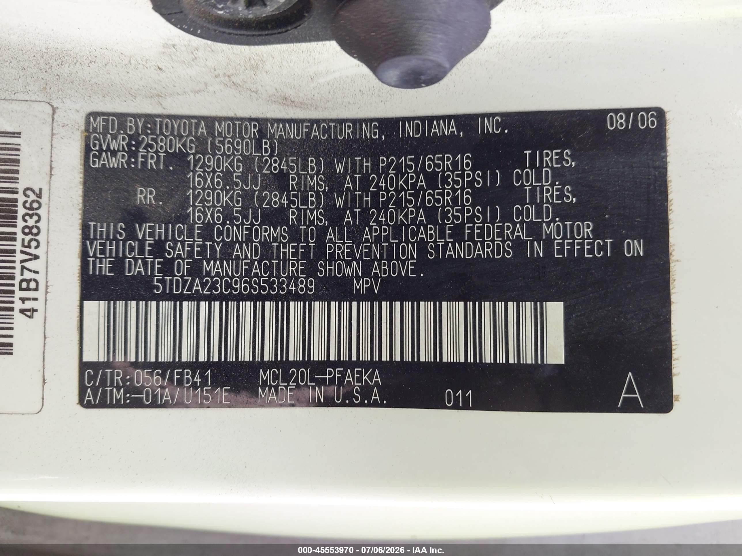 2006 Toyota Sienna Ce White vin: 5TDZA23C96S533489