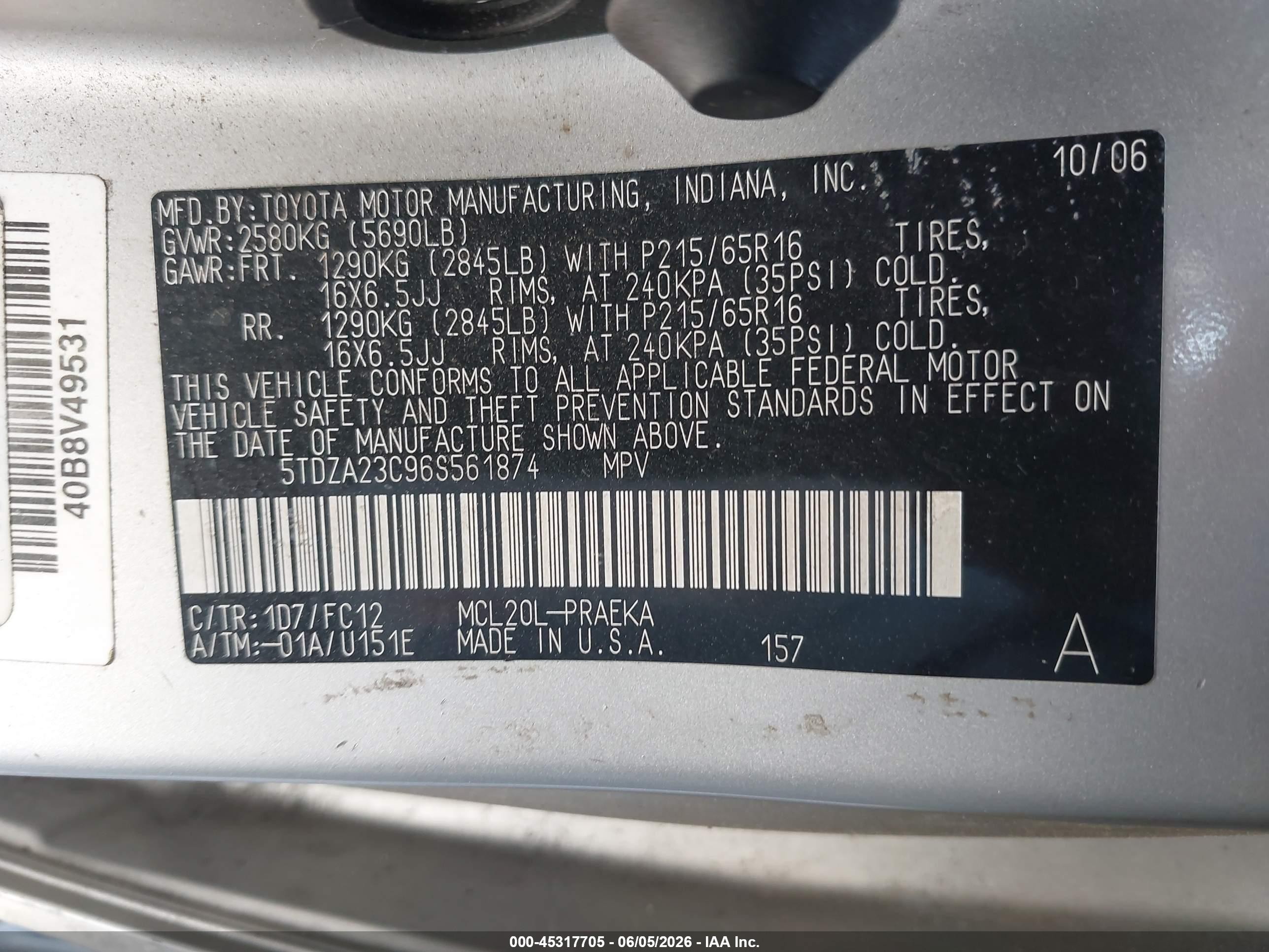 2006 Toyota Sienna Le Silver vin: 5TDZA23C96S561874