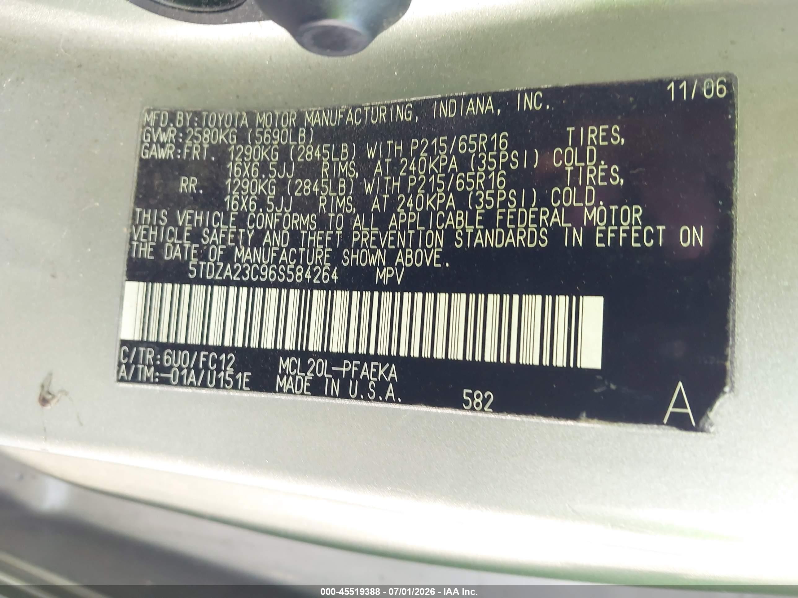 2006 Toyota Sienna Le Green vin: 5TDZA23C96S584264